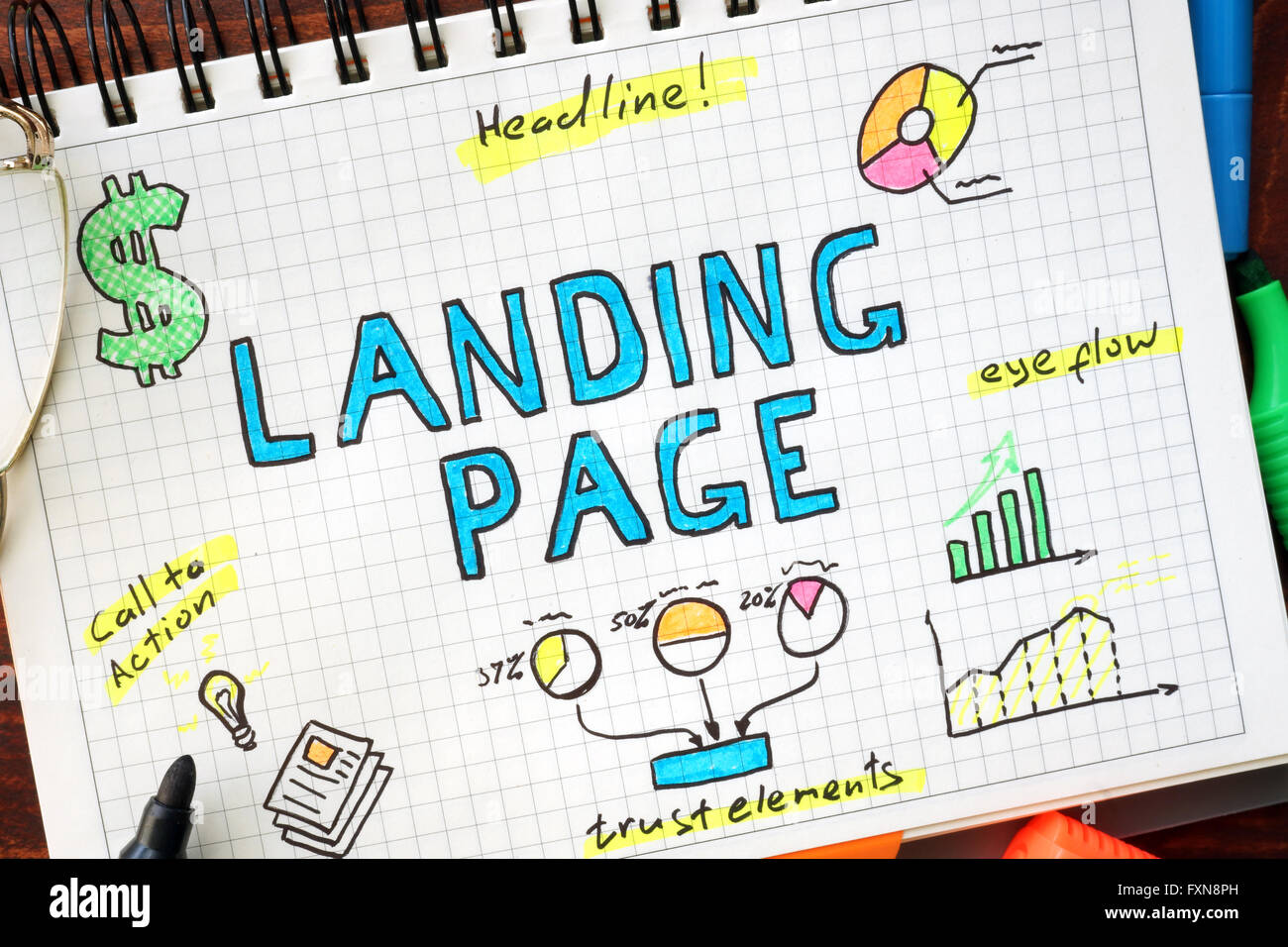 Landing page written in a notebook. SEO concept. Stock Photo