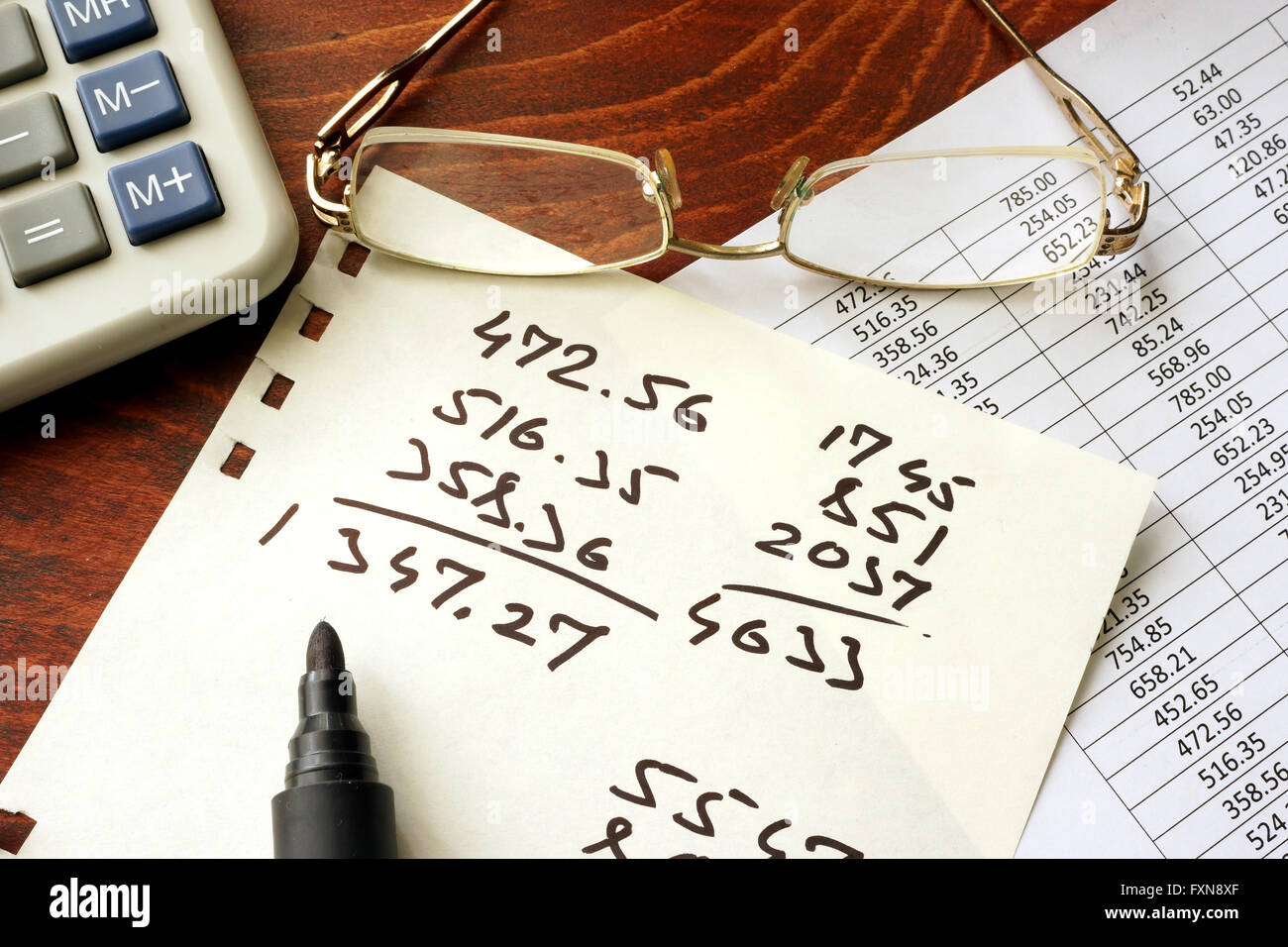 Business calculation concept. Papers with data and calculator. Stock Photo