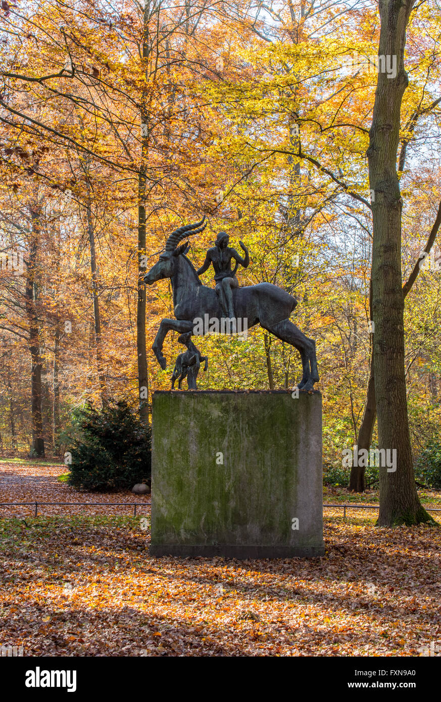 Sculpture of the mythical creature with horsewoman and dog created by Ludwig Vierthaler, Eilenriede, Hannover Stock Photo