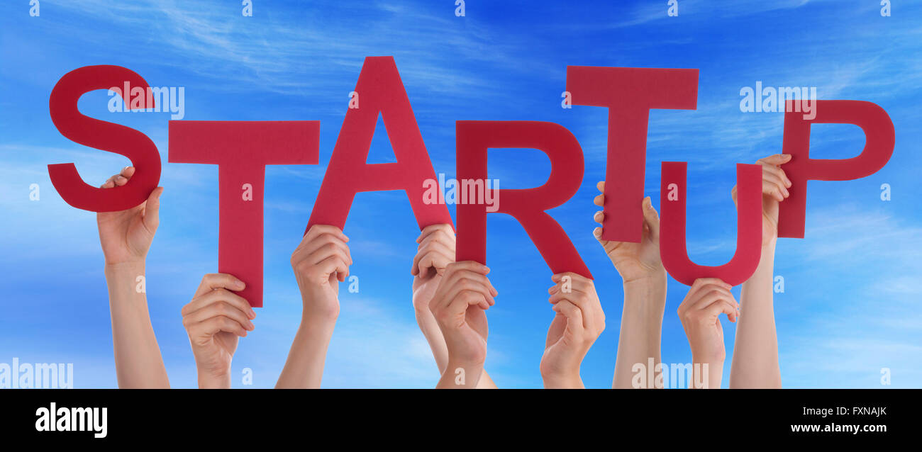 Many People Hands Holding Red Word Startup Blue Sky Stock Photo - Alamy