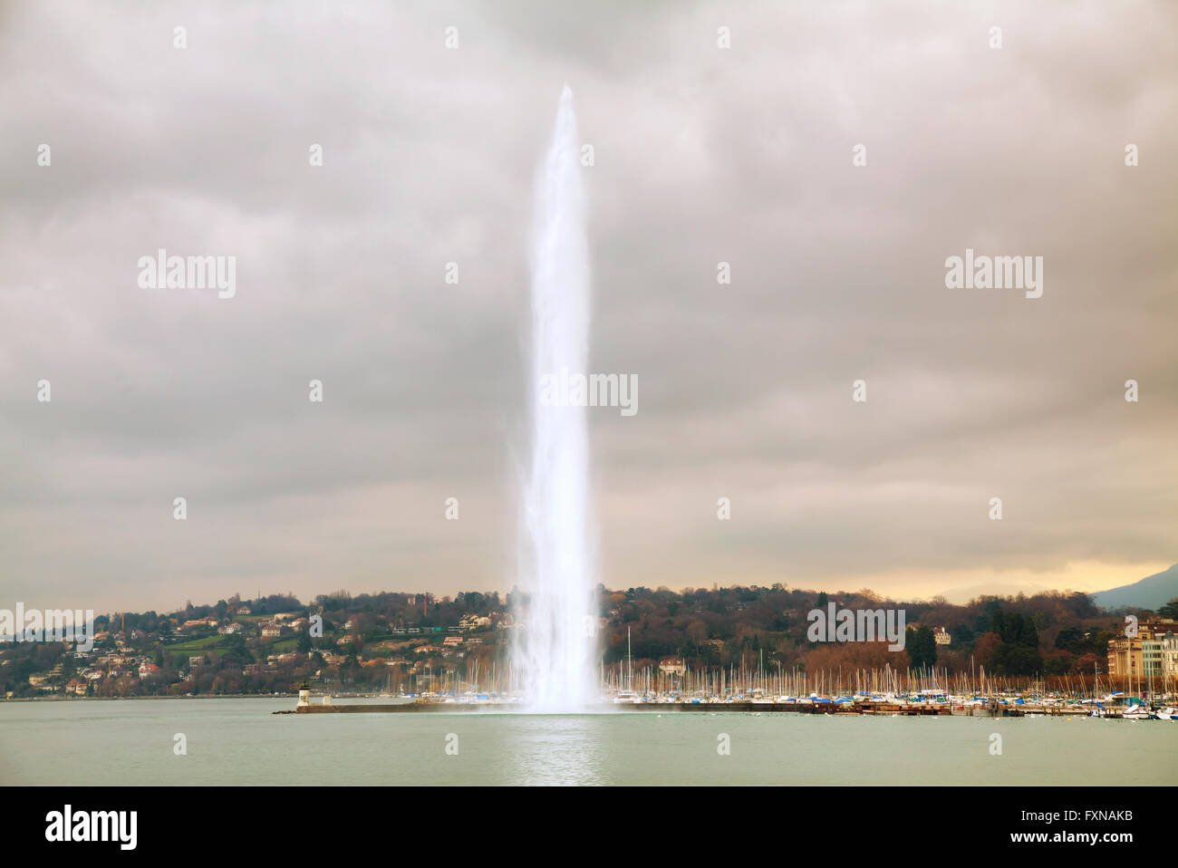 Water Fountain (Jet d'Eau) in Geneva, Switzerland Stock Photo
