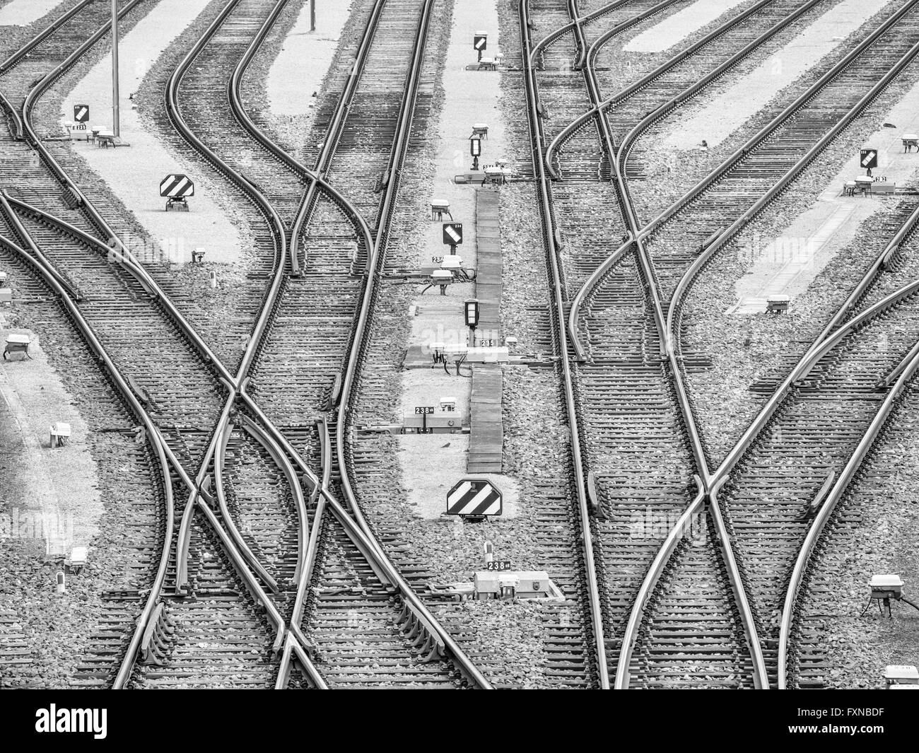 Parallel rails,  railway switches, multiple directions, Hamburg harbor, Germany Stock Photo