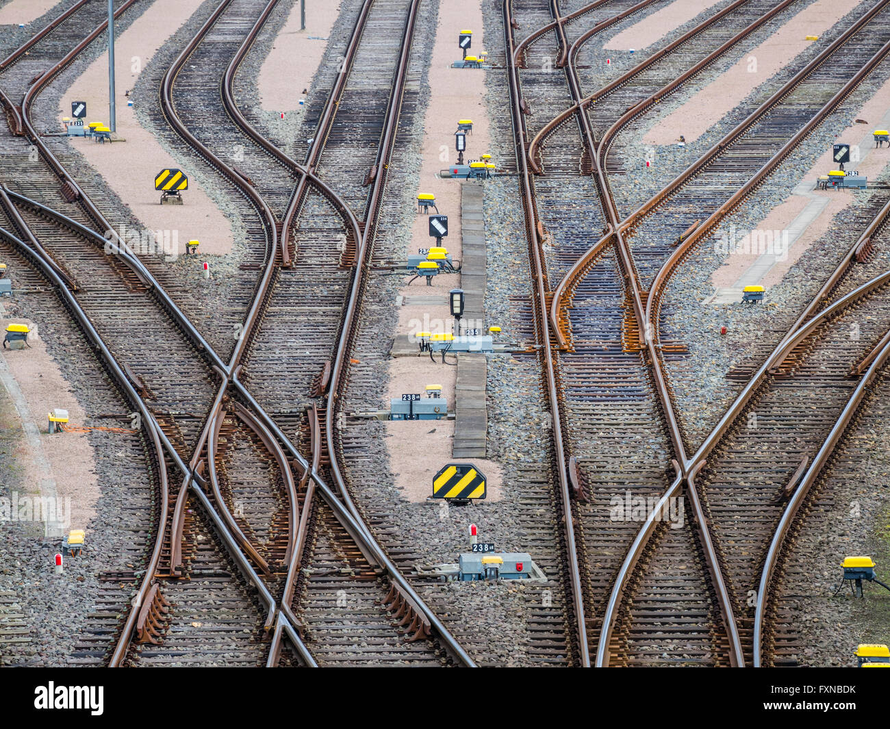 Parallel rails,  railway switches, multiple directions, Hamburg harbor, Germany Stock Photo