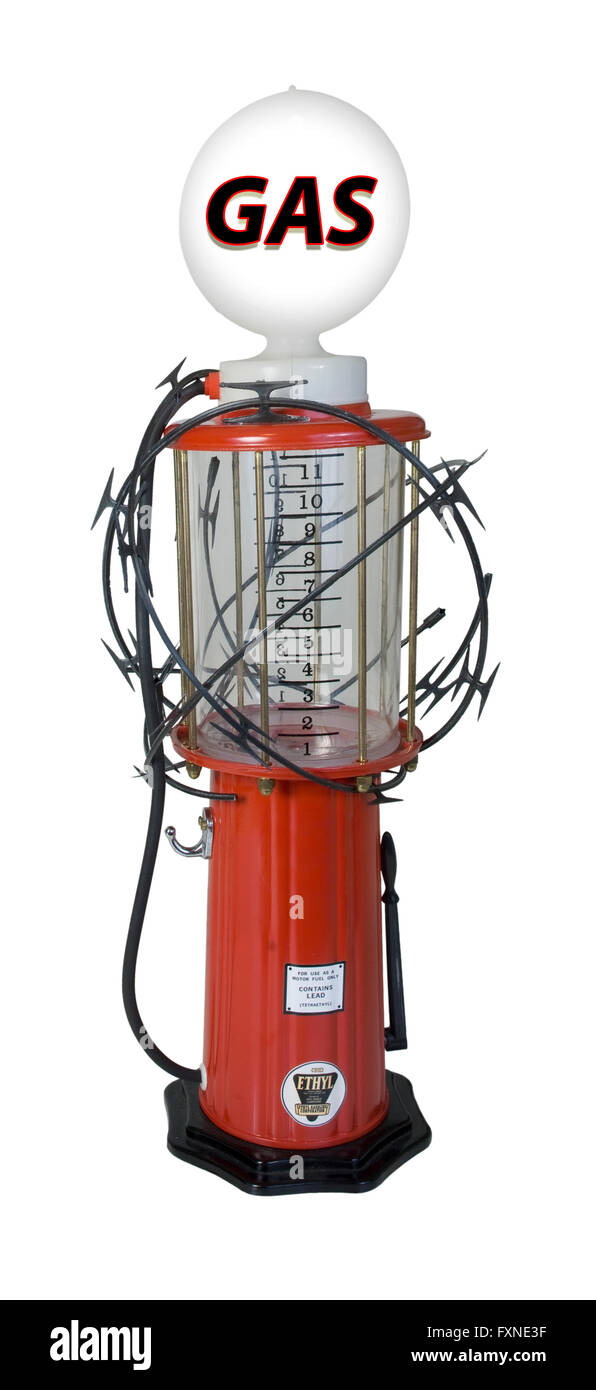 Sharp razor wired used as a barrier wrapped around a gas pump path