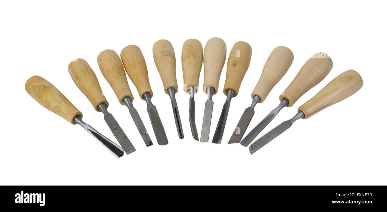 Wood Carving Chisels with wooden handles - path included Stock Photo