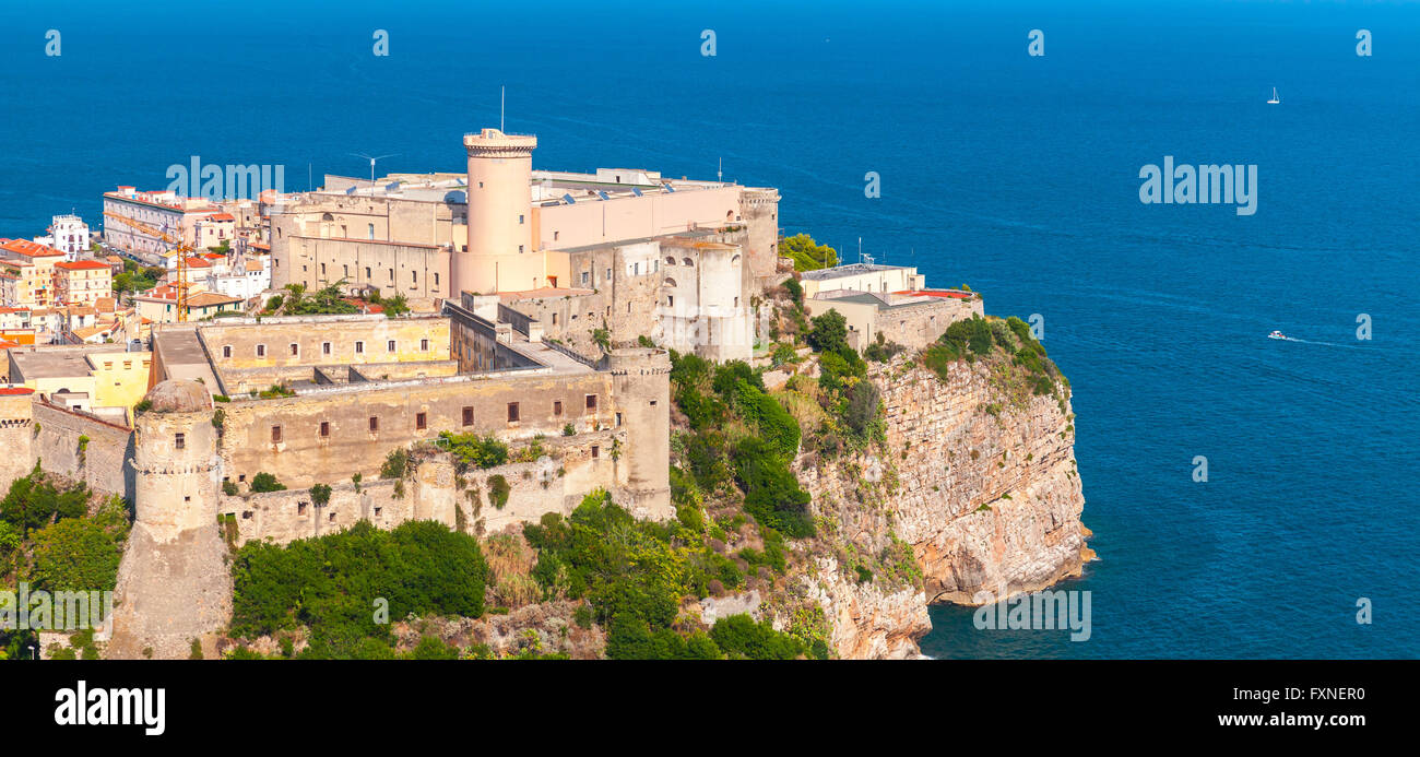 Aragonese-Angevine Castle on the cliff in old town of Gaeta, Italy. Panoramic photo, bird eye view Stock Photo
