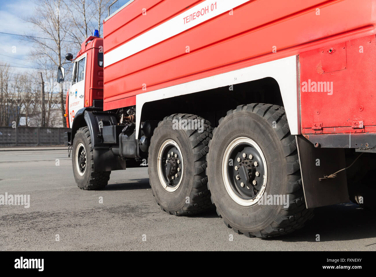 St. Petersburg, Russia - April 9, 2016: Closeup photo of red Kamaz 43253, modern  Russian fire truck Stock Photo