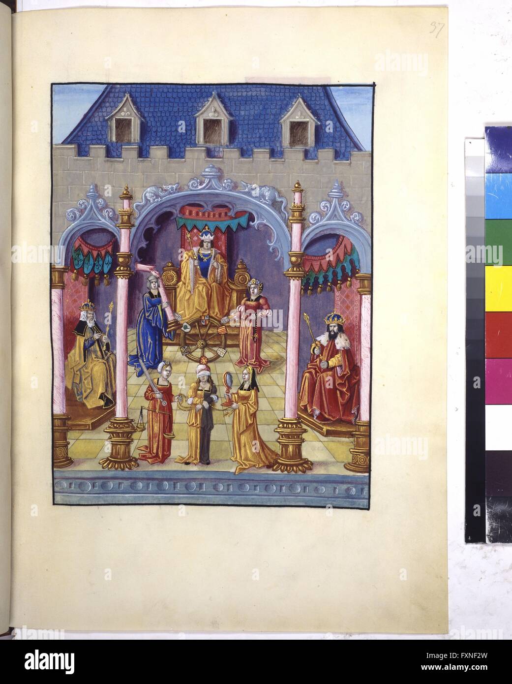 Cod. 2591, fol. 37r: Einzug Karls V. in Brügge 1515: Kaiser Karl V. auf dem Thron umgeben von Tugenden Stock Photo