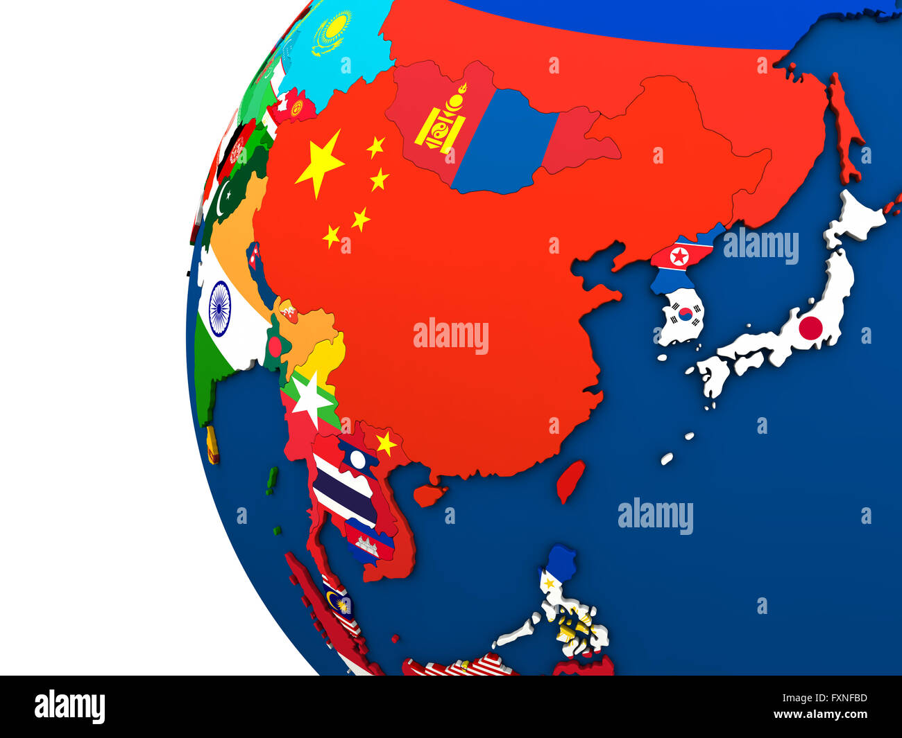 Political Map Of East Asia With Each Country Represented By Its National Flag. 3D Illustration Stock Photo - Alamy