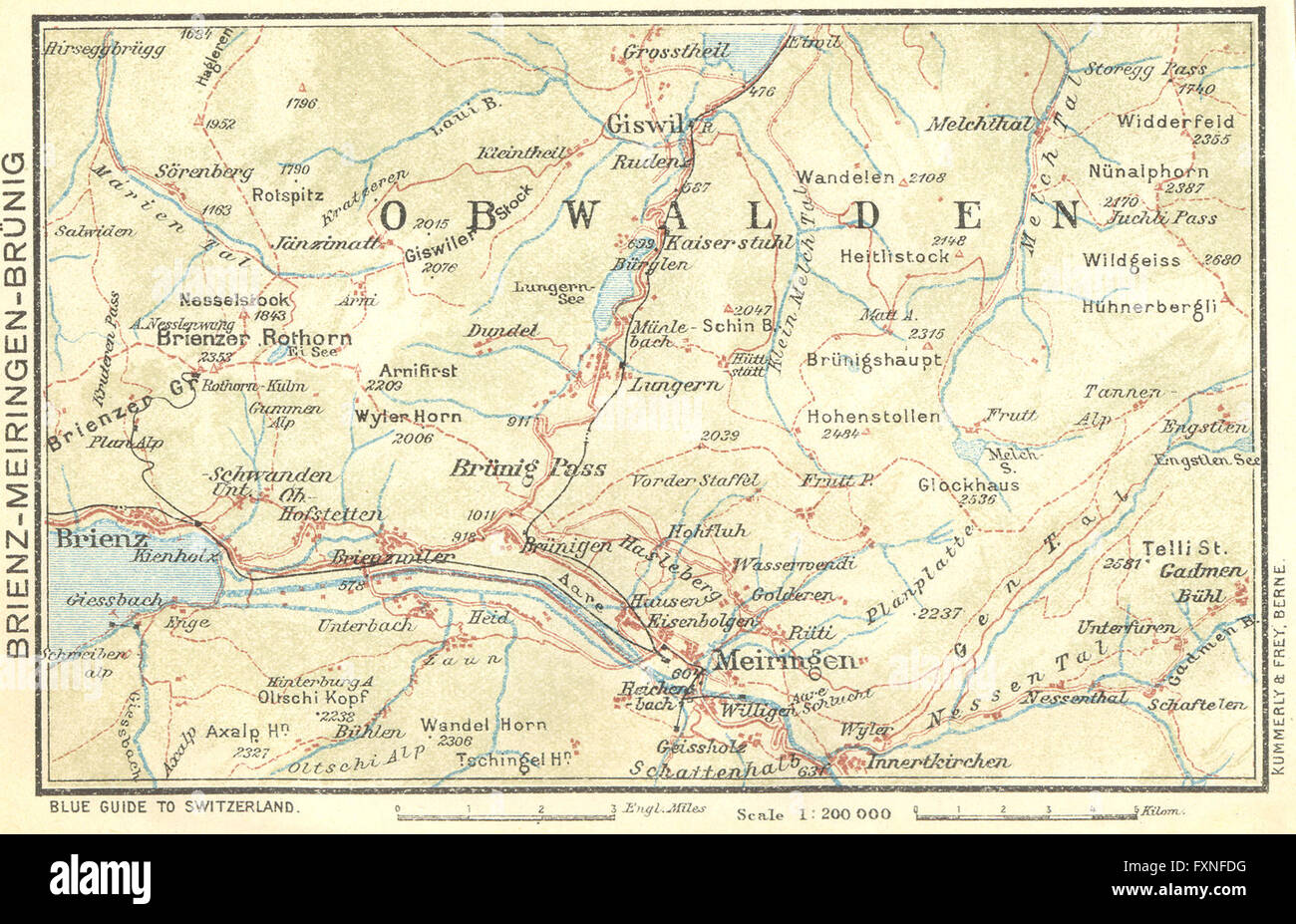 SWITZERLAND: Brienz-Meiringen-Brunig, 1923 vintage map Stock Photo