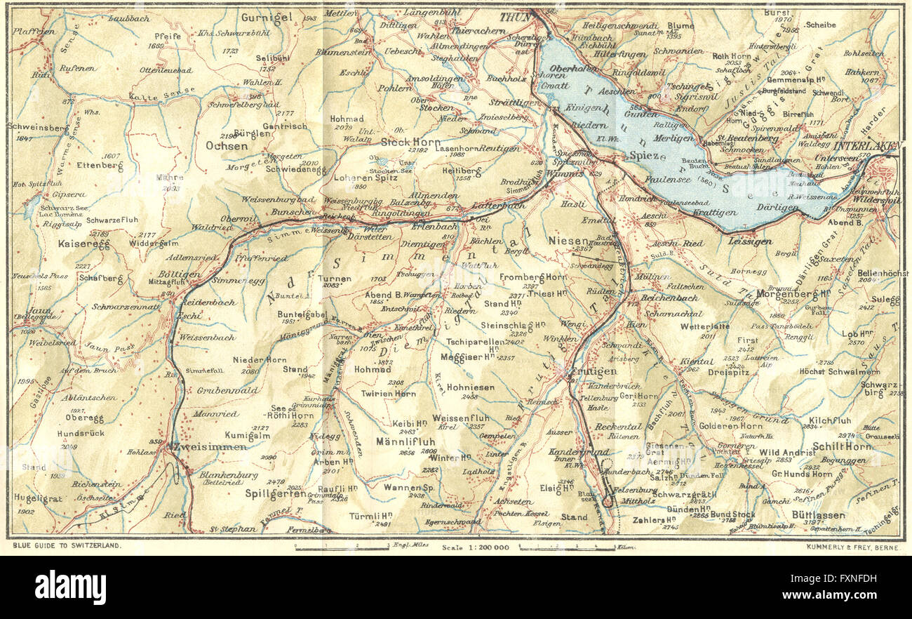 SWITZERLAND: Zweisimmen-Frutigen-lake Thun, 1923 vintage map Stock Photo