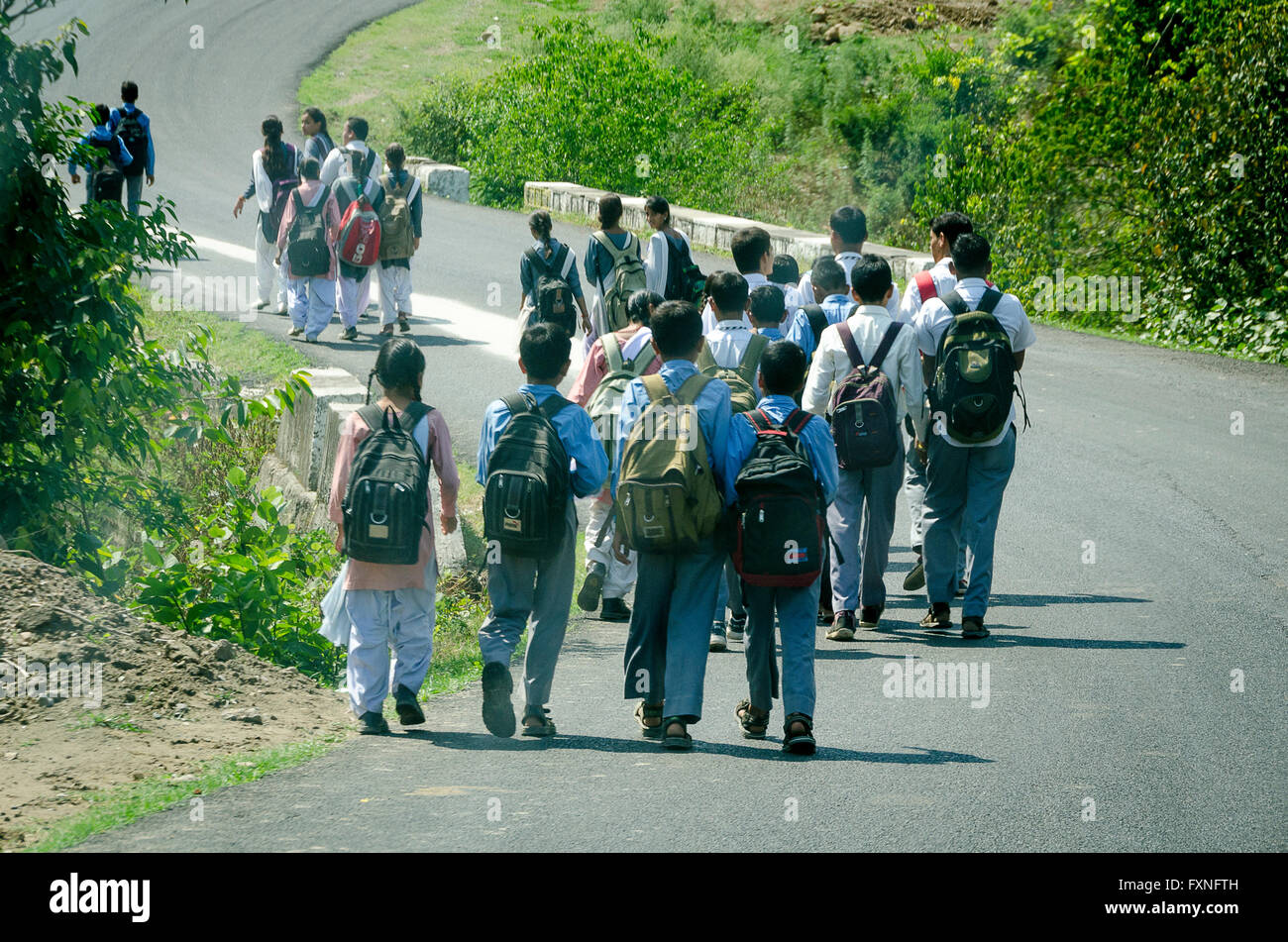 School children on their way home after school, near Dharamsala, Kangra Distict, Himachal Pradesh, India. Stock Photo