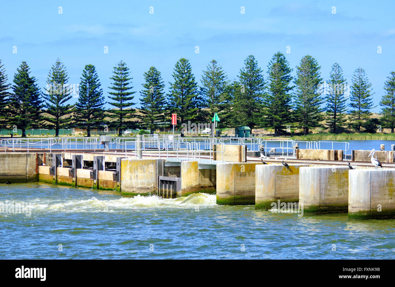 Goolwa Barrage, South Australia. This lock allows boats to reach the Cooring and Murray River mouth from Goolwa. Stock Photo