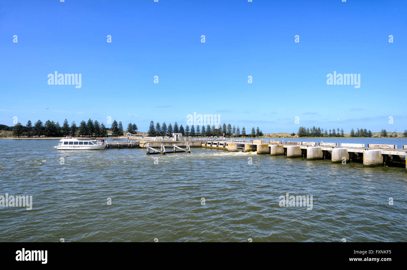 Goolwa Barrage, separating fresh water in Lake Alexandrina from saltwater of Goolwa Channel, South Australia Stock Photo