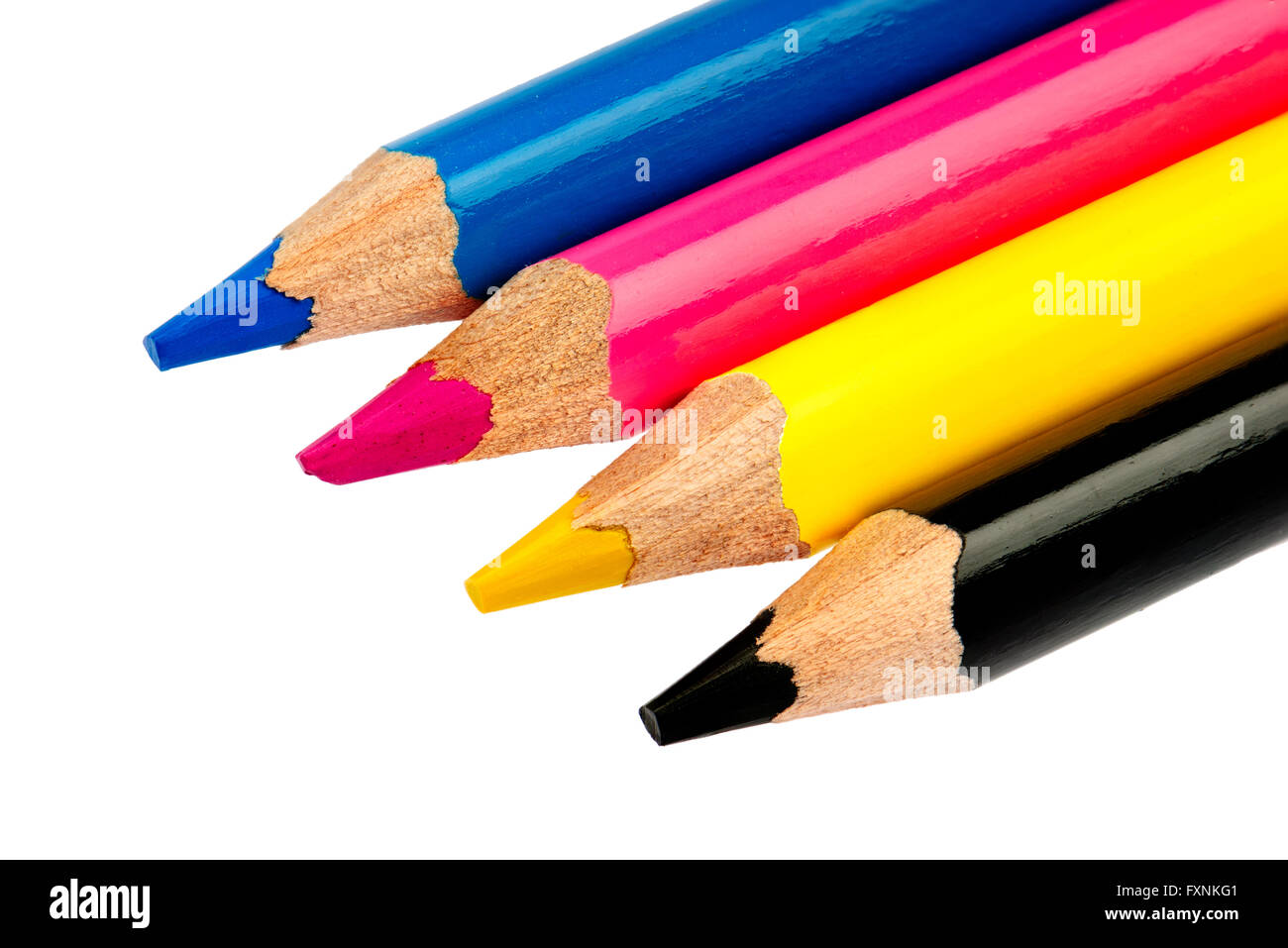 4 crayons in basic colors CMYK, cyan, magenta, yellow and black