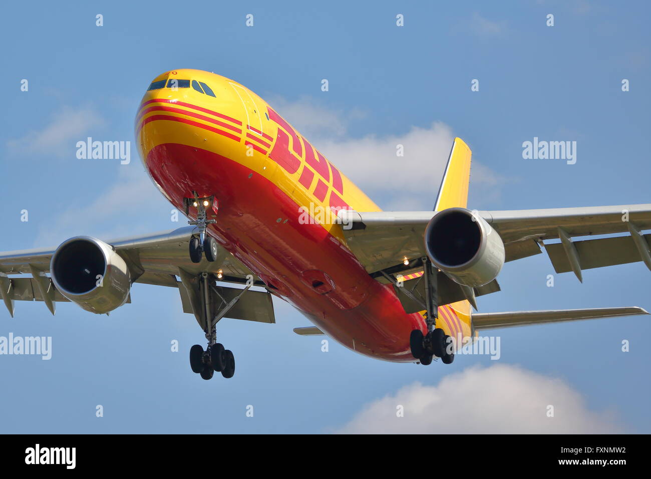 EAT DHL Airbus A300-622RF D-AEAO arriving at London Heathrow Airport, UK Stock Photo
