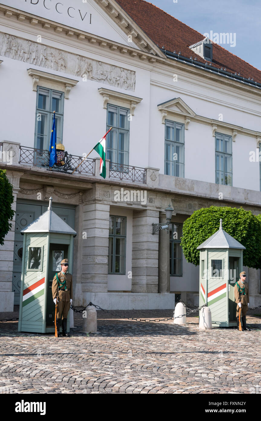 Two sentries  at the Presidential Palace, the residential home and office of the President of Hungary on Buda Castle in Budapest Stock Photo