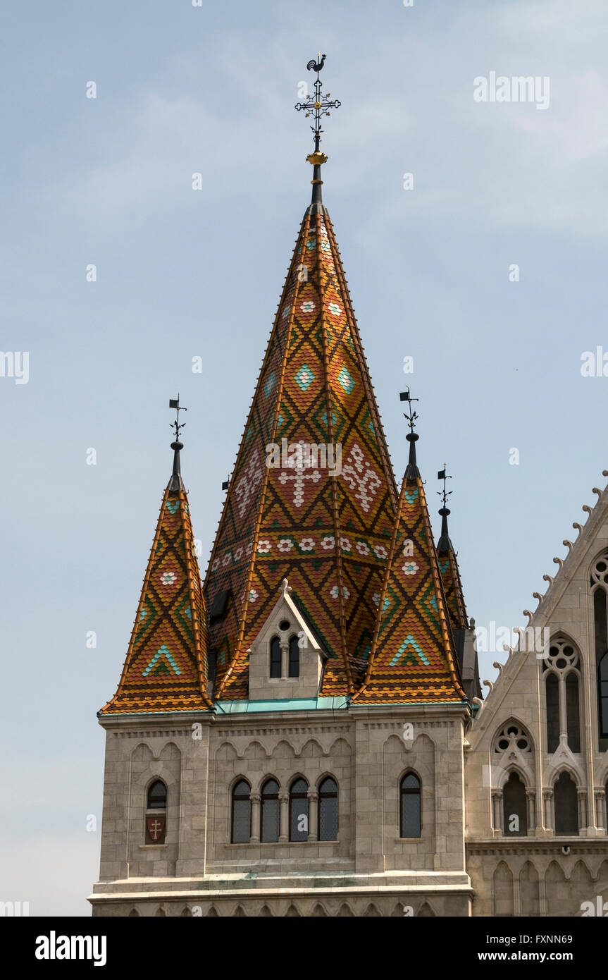 One of the coloured tiled steeples on the Matthais Church on Buda Castle hill in Budapest, Hungary. Stock Photo
