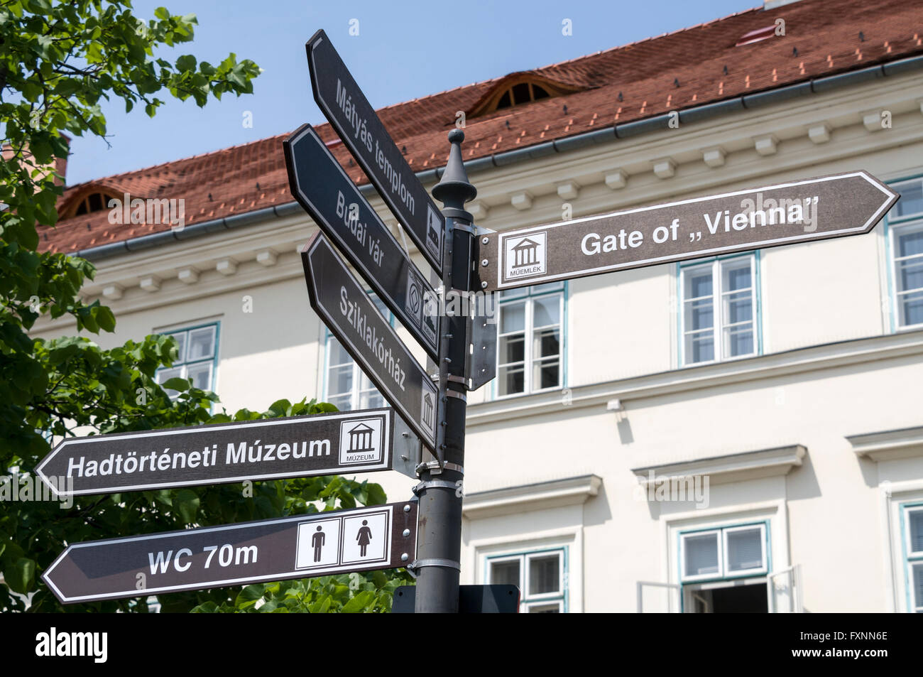 A tourist/visitors street sign in Buda Castle Hill, Budapest,Hungary. Stock Photo