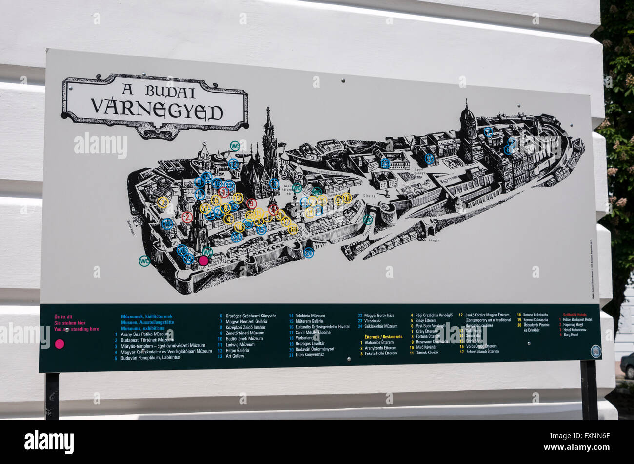 A visitor's wall guide of the Buda Castle Hill area including names of relevant buildings in Budapest in Hungary. Stock Photo