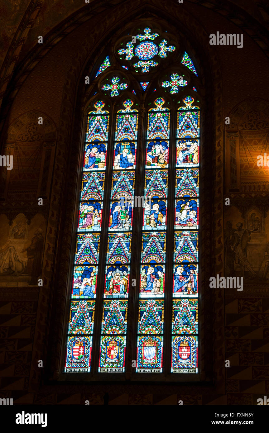 A stained glass window at Matthias Church on Buda Castle Hill in Budapest, Hungary. Matthias Church was a coronations church and t Stock Photo
