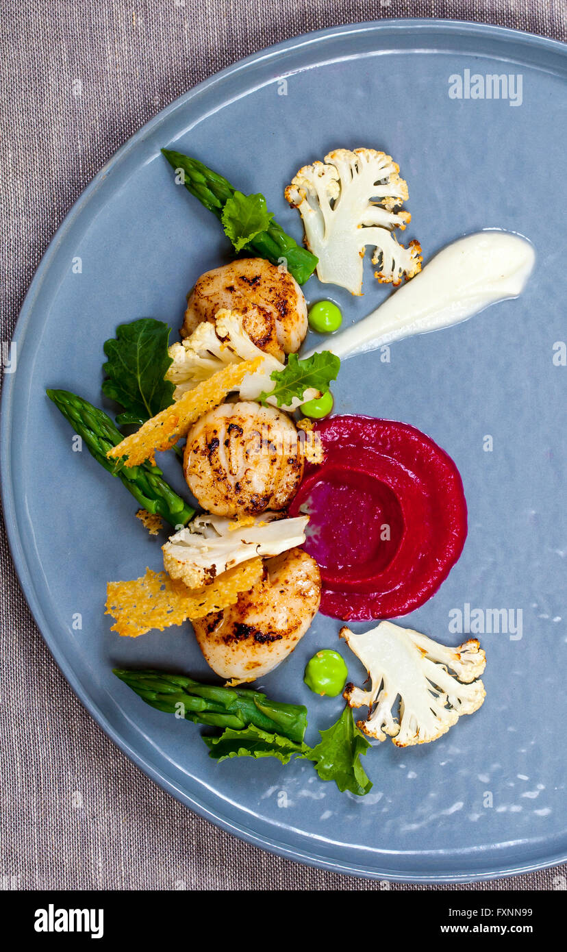 Scallops with beetroot and cauliflower puree, asparagus and parmesan crisp Stock Photo Alamy
