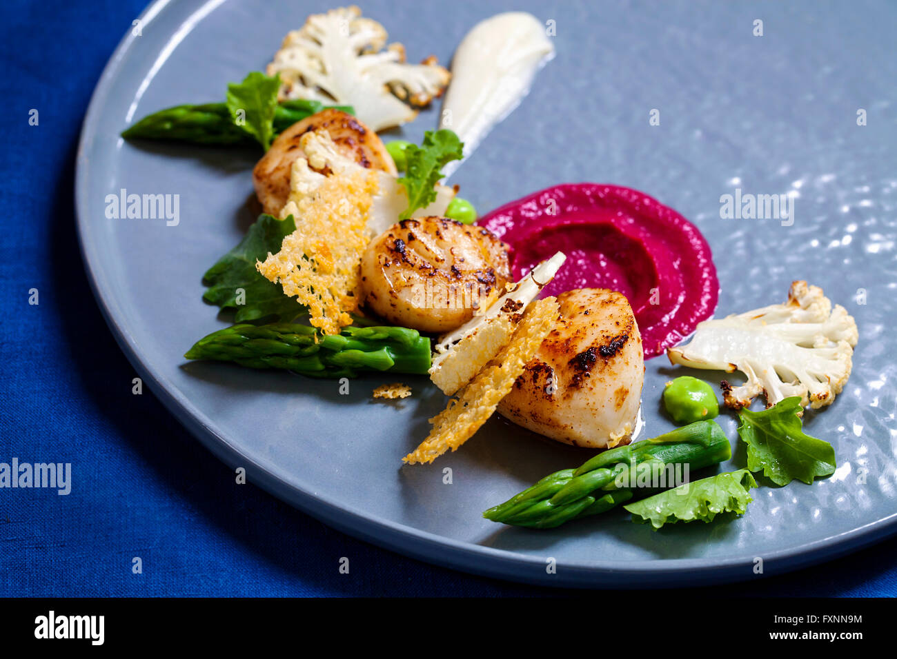 Scallops with beetroot and cauliflower puree, asparagus and parmesan crisp Stock Photo Alamy