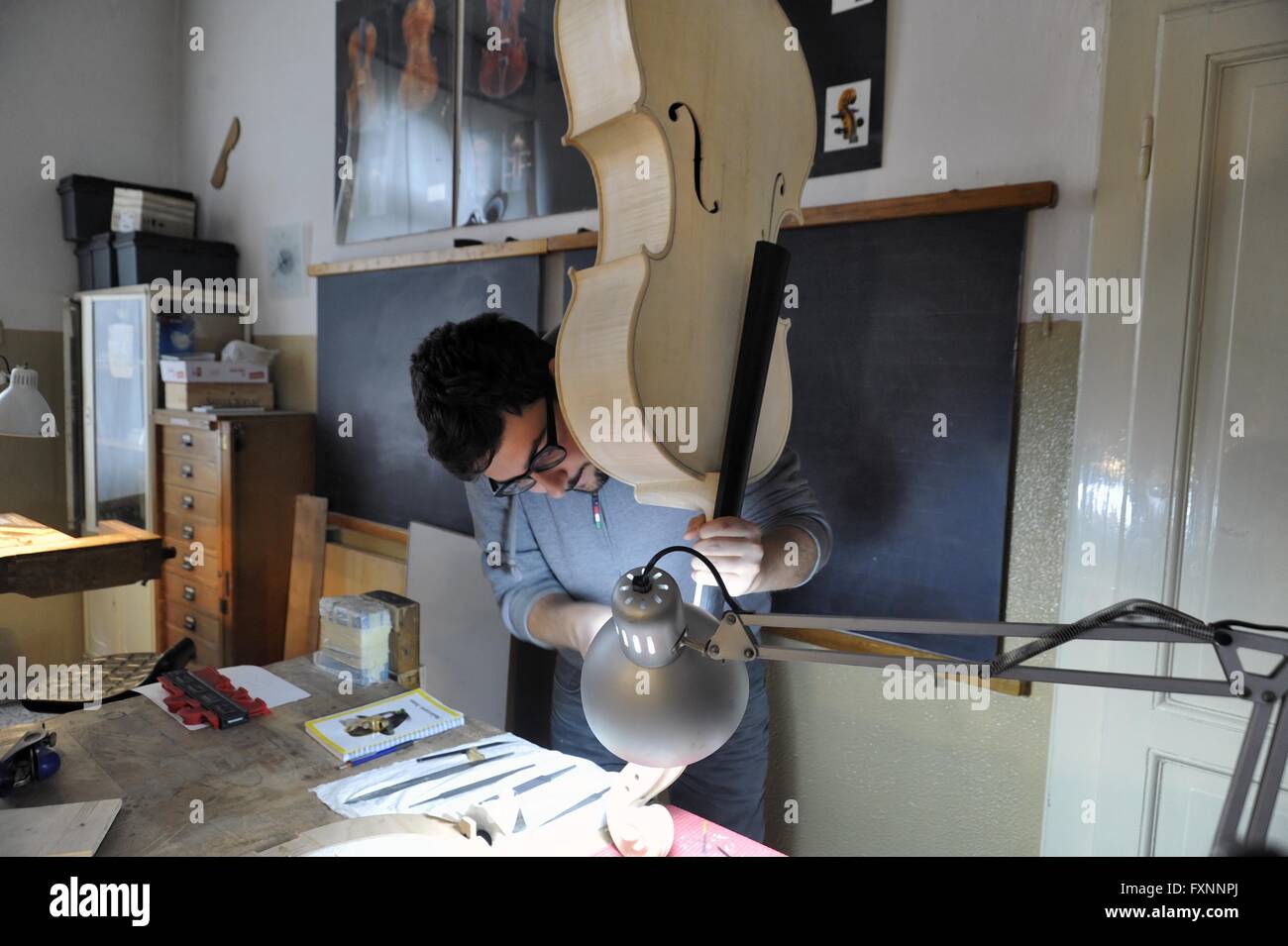 Milan (Italy) Civic School of Violin Making,  course for the construction of bowed instruments Stock Photo