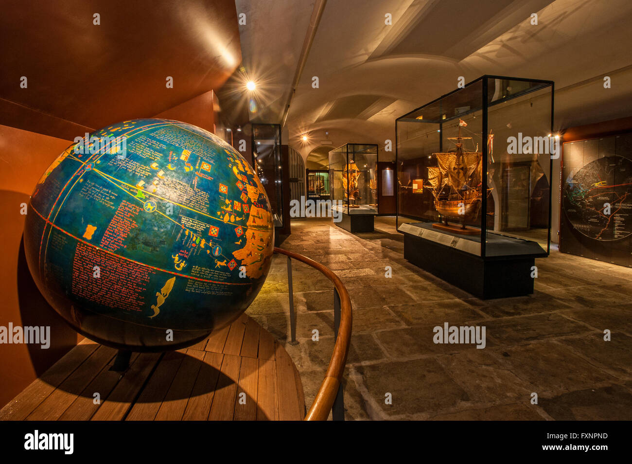 Italy Liguria Genoa Galata Museo Del Mare -ground - floor room 'Christopher Columbus a Genovese sailor?' - Martin Behaim -in the summer of 1492 he made a small globe called Erdapfel - the Earth's apple. considered the world's oldest globe Stock Photo
