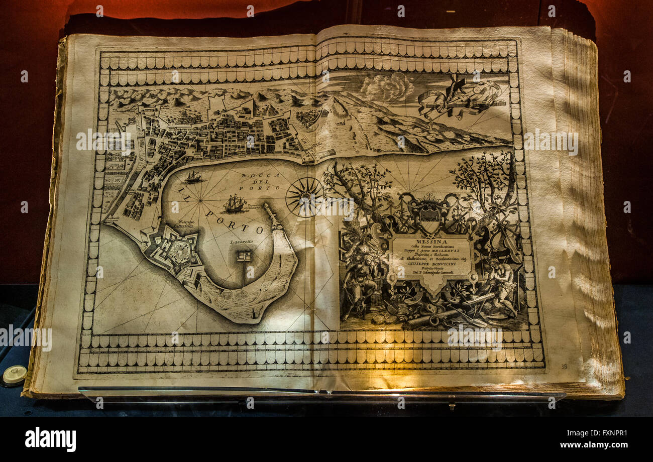 Italy Liguria Genoa Galata Museo Del Mare - First - Genoa and the war in mediterranean sea - Vincenzo Maria Coronelli - Theater of the city and main port - in this image Represents Map of Messina 1696 Book in Print Stock Photo