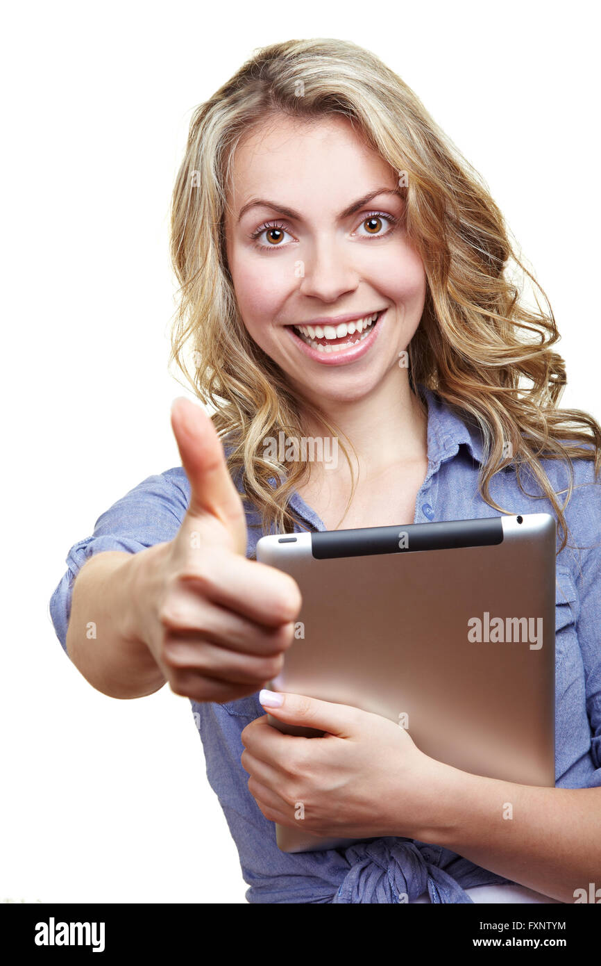 Happy blonde woman with tablet computer holding her thumbs up Stock ...