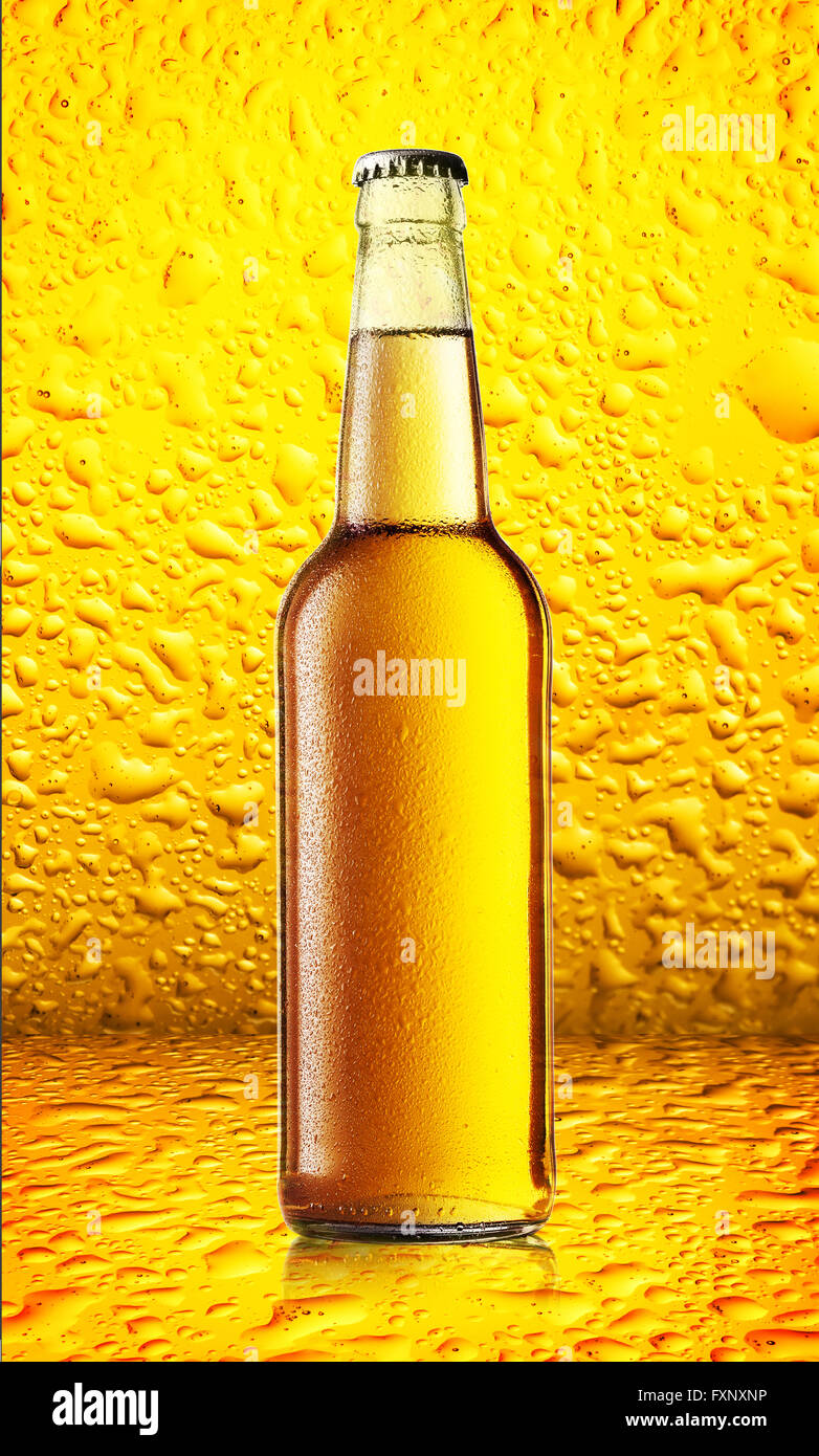 Download Yellow Bottle Cold Beer On Background Of Yellow Glass With Drops Stock Photo Alamy PSD Mockup Templates