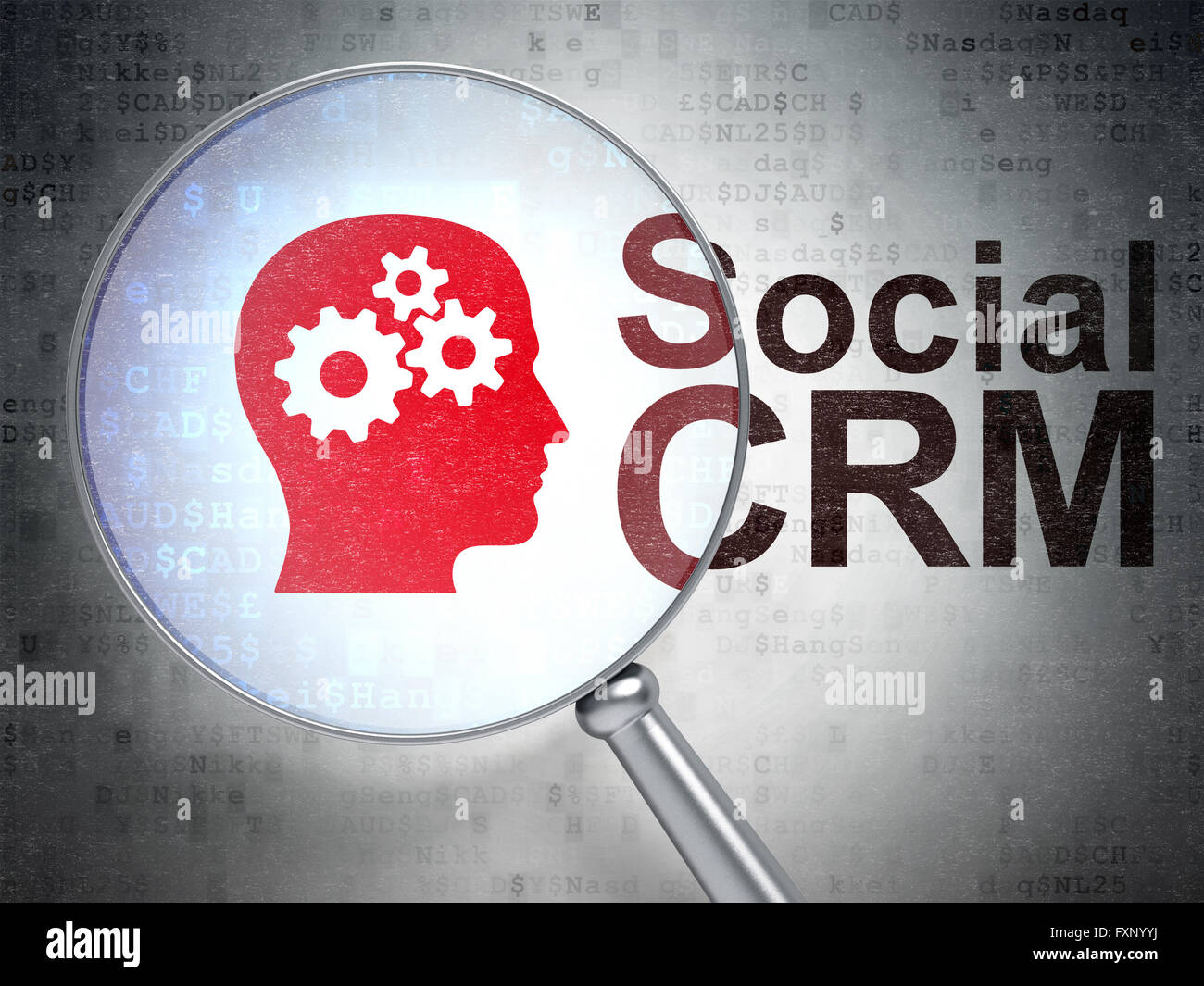 Advertising concept: Head With Gears and Social CRM with optical glass ...