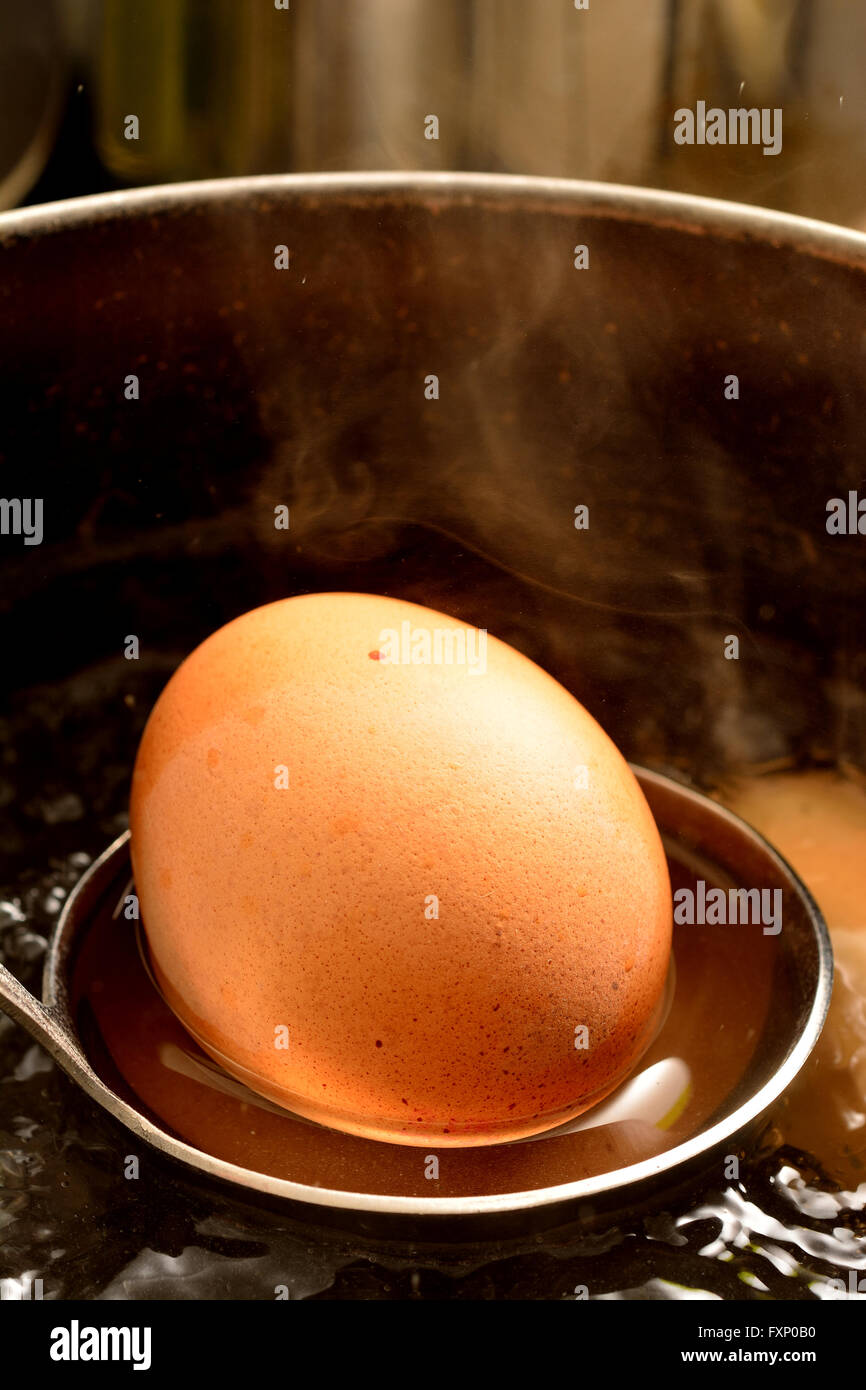 Egg being spooned from boiling water Stock Photo Alamy
