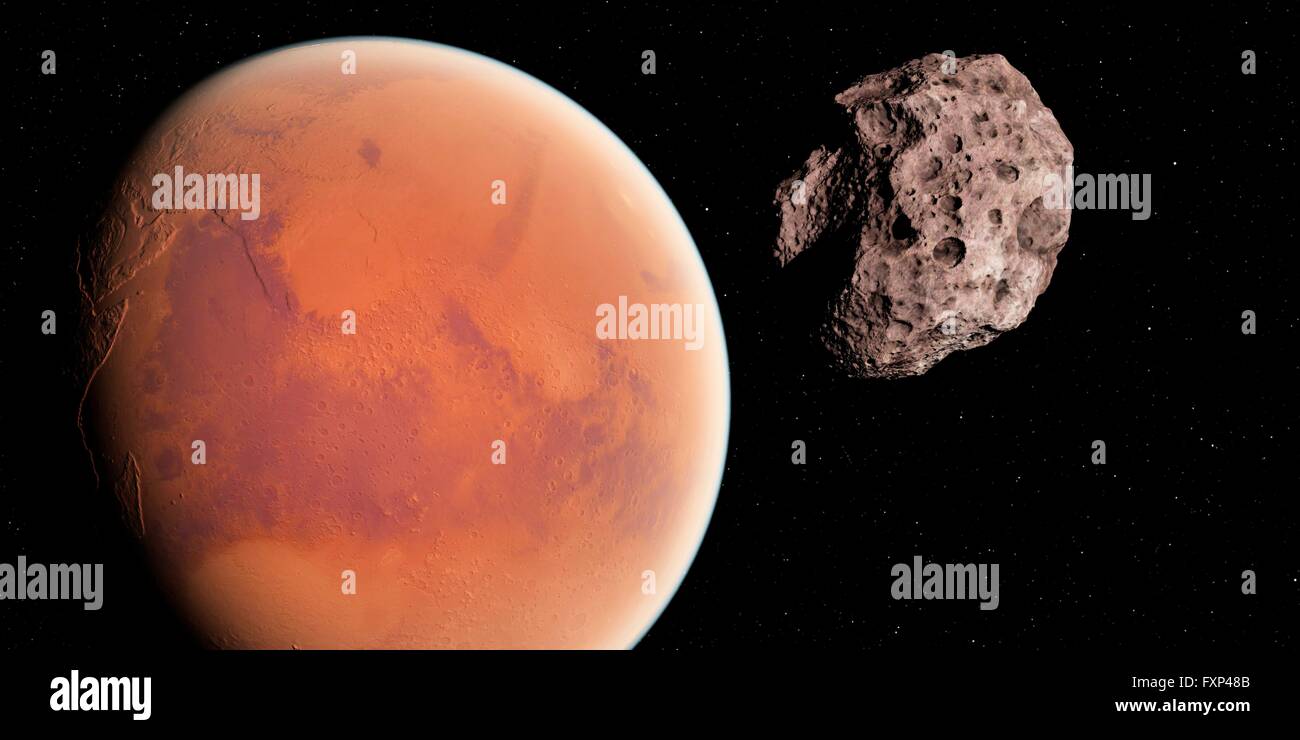 Asteroid and planet, computer illustration. Stock Photo
