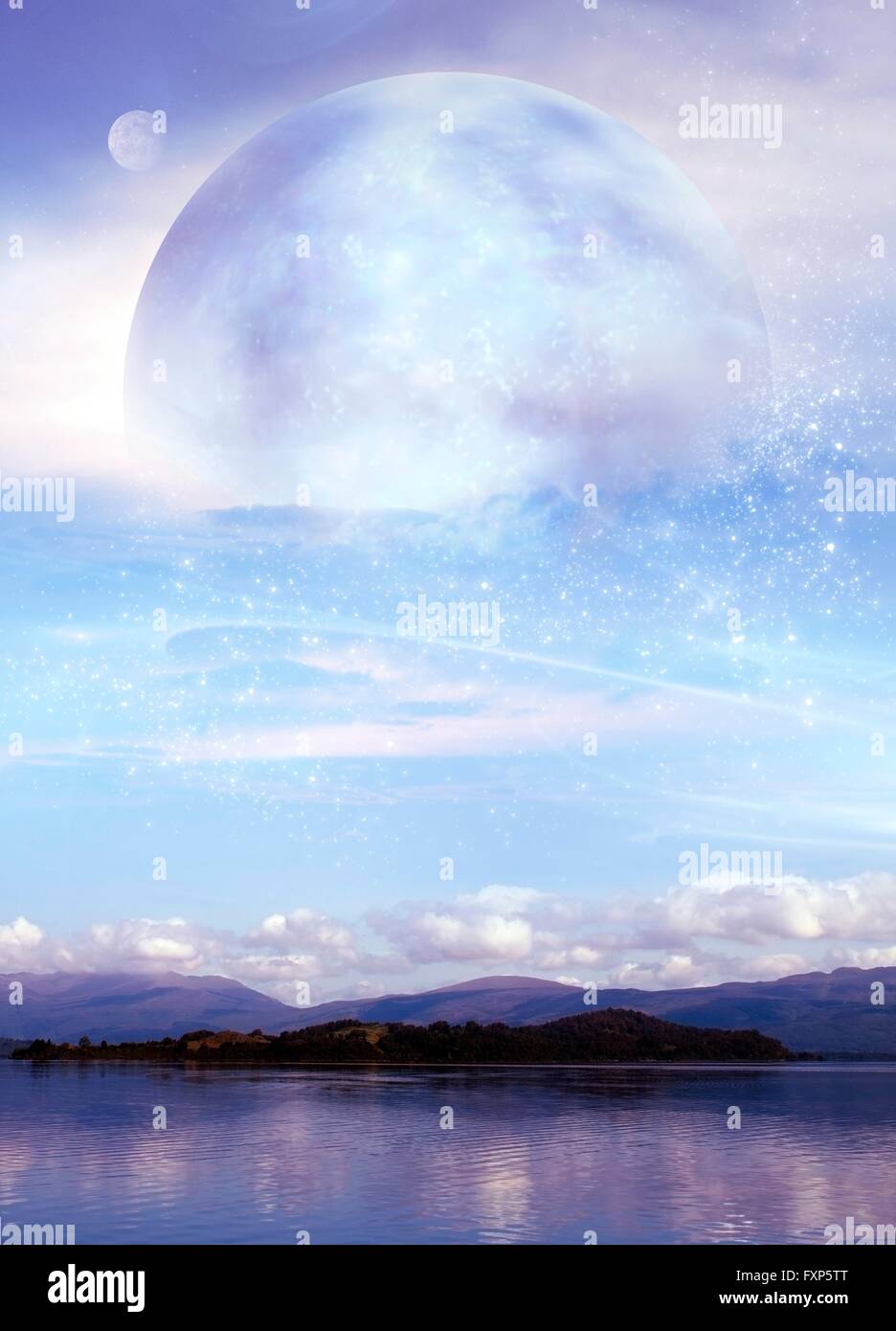 Futuristic moon over water, computer artwork. Stock Photo