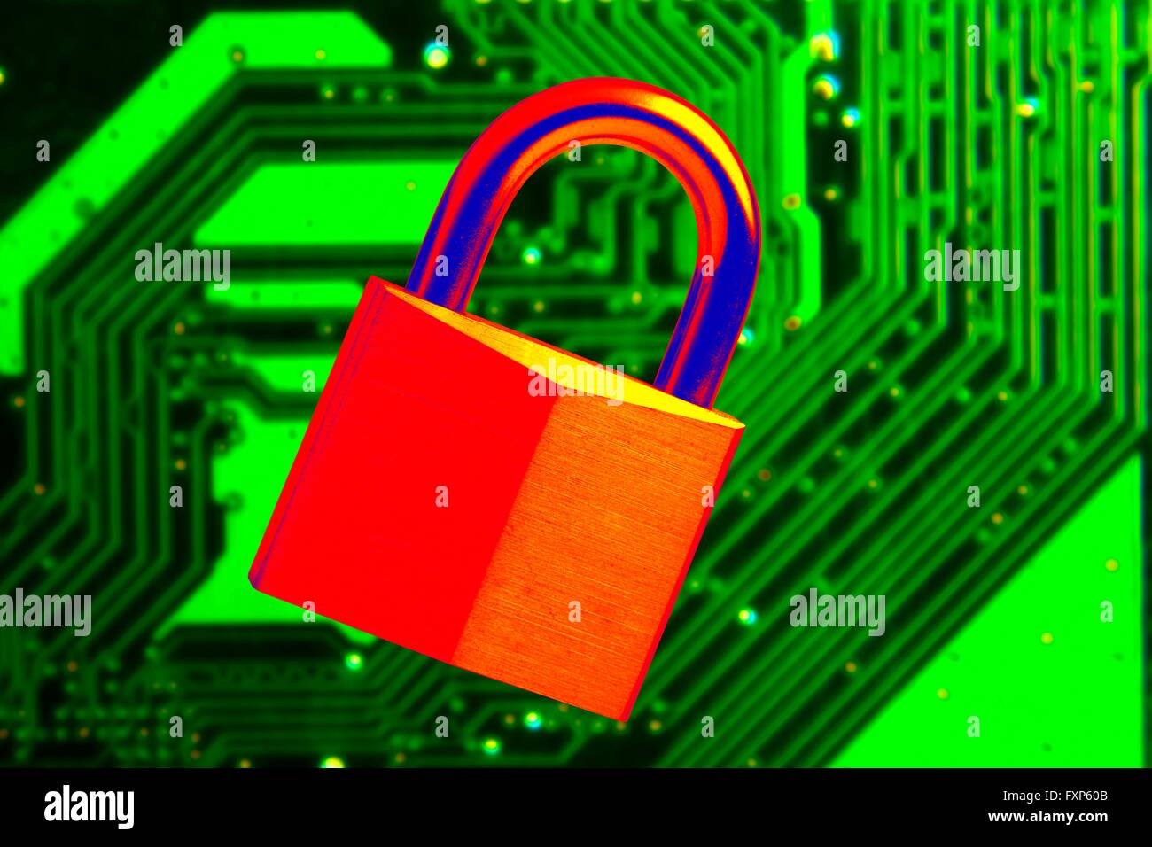 Padlock and a circuit board, computer artwork. Stock Photo