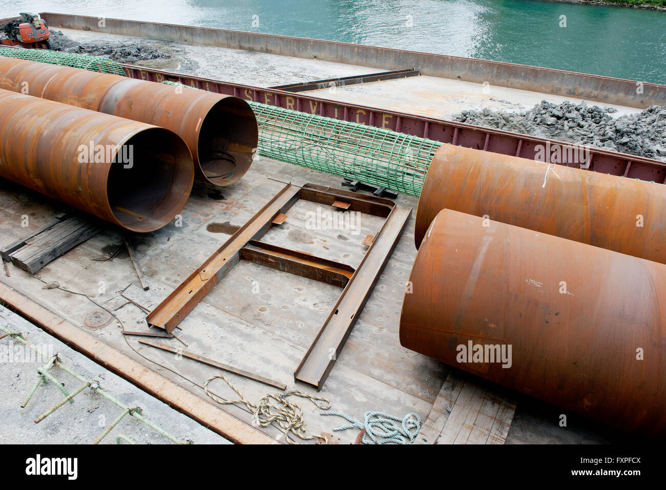 Large pipes at construction site Stock Photo