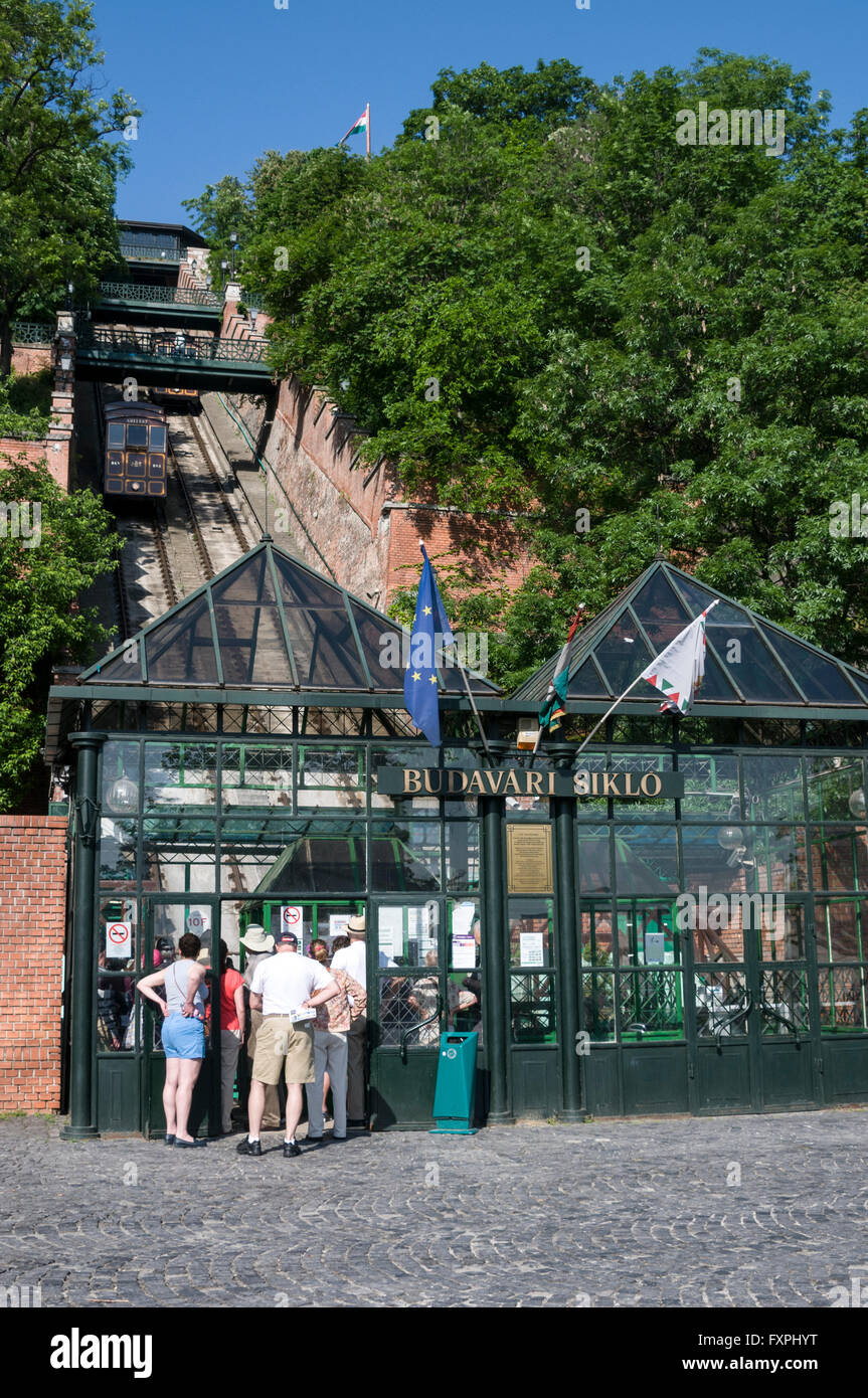 Tourists queue at the funicular terminal at the foot of Castle Hill on the Buda side of Budapest in Hungary. Stock Photo