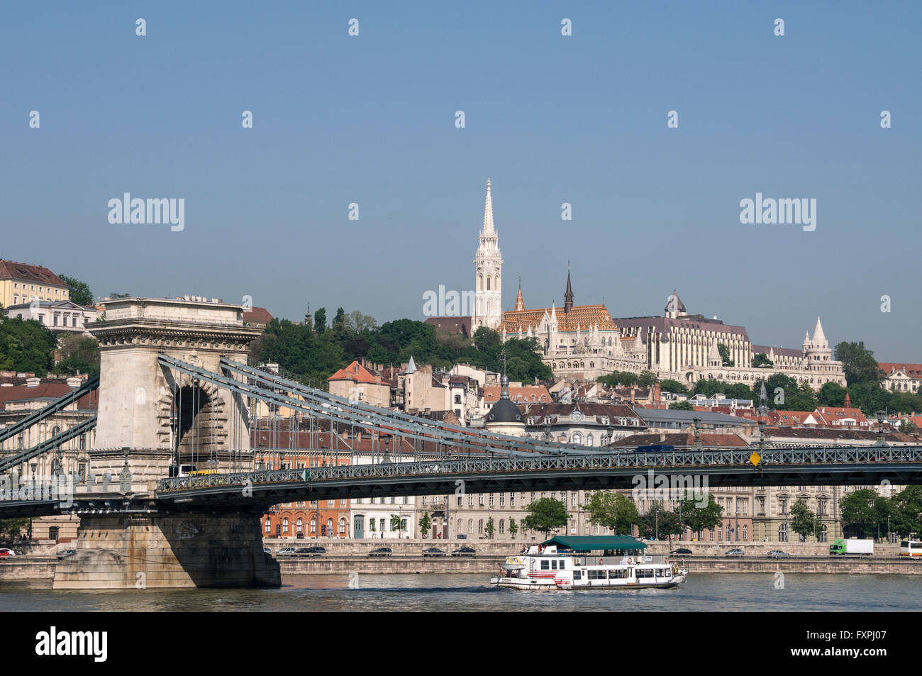 Skyline of  the River Danube, the spire of  Matthias Church and the Széchenyi Chain Bridge in Budapest in Hungary, Stock Photo