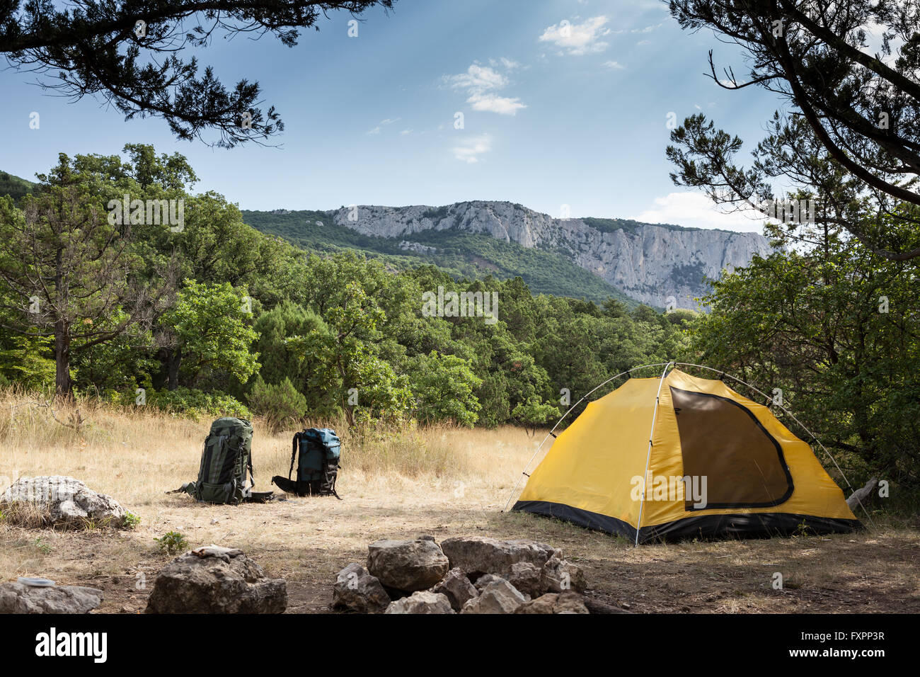 Backpacks and camping Stock Photo