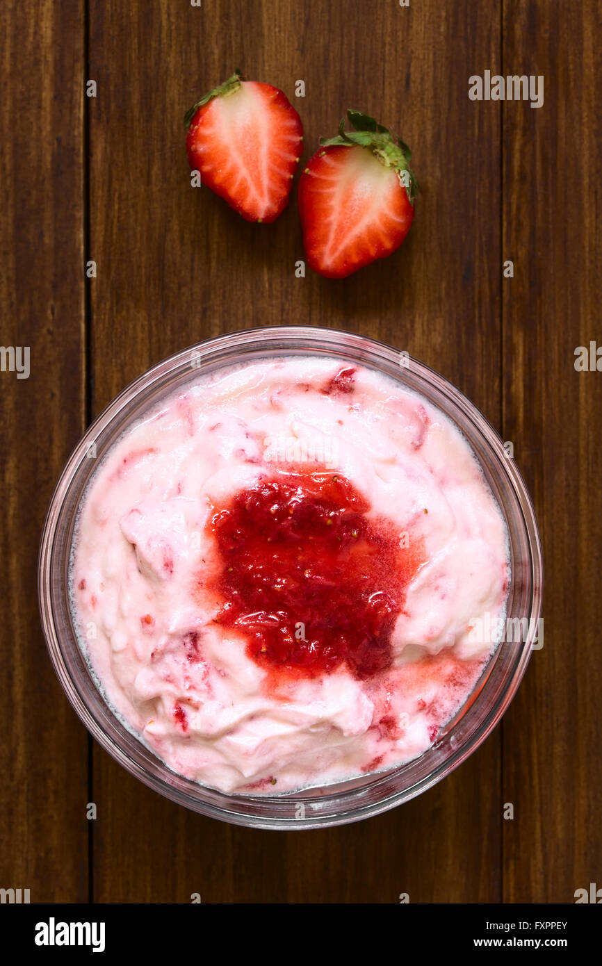 Strawberry fool, an English dessert made of whipped cream and stewed strawberries, served in