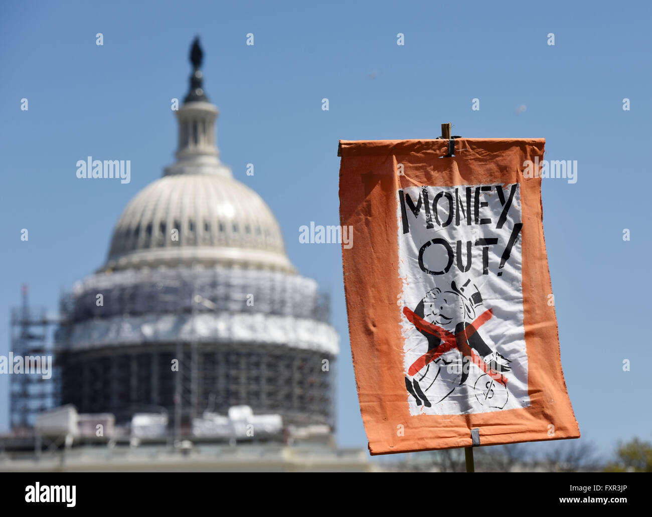 Washington, DC, USA. 17th Apr, 2016. Banners are seen in front of the Capitol during a rally against Money Politics in Washington, DC, the United States, on April 17, 2016. Credit:  Yin Bogu/Xinhua/Alamy Live News Stock Photo