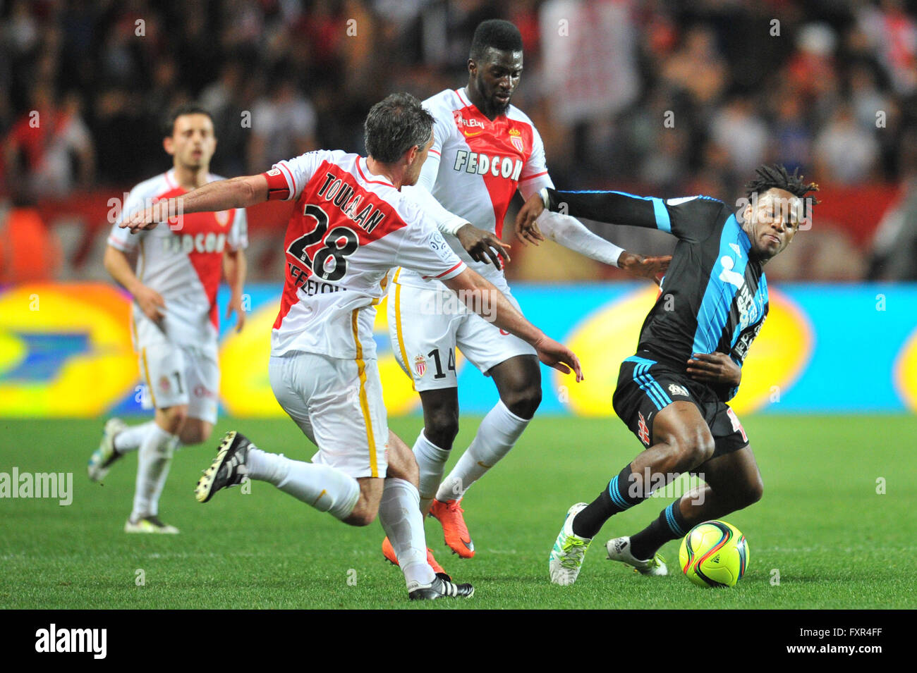 Monaco, France. 17th Apr, 2016. French League 1 football. AS Monaco versus  Olympique Marseille. TIEMOUE BAKAYOKO (asm) slides in on Michy BATSHUAYI  (om) Credit: Action Plus Sports/Alamy Live News Stock Photo - Alamy