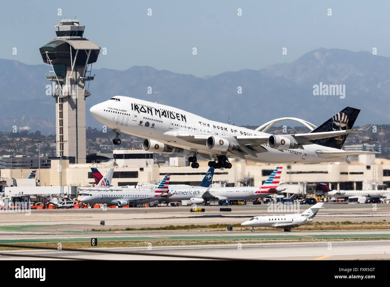 Los Angeles, CA, USA. 17th Apr, 2016. Los Angeles, CA - Apr 17, 2016: The rock group, Iron Maiden, take off from Los Angeles International Airport in Los Angeles, CA. after their North American tour and head to the Far East to continue their Book Of Souls World Tour. Credit:  csm/Alamy Live News Stock Photo