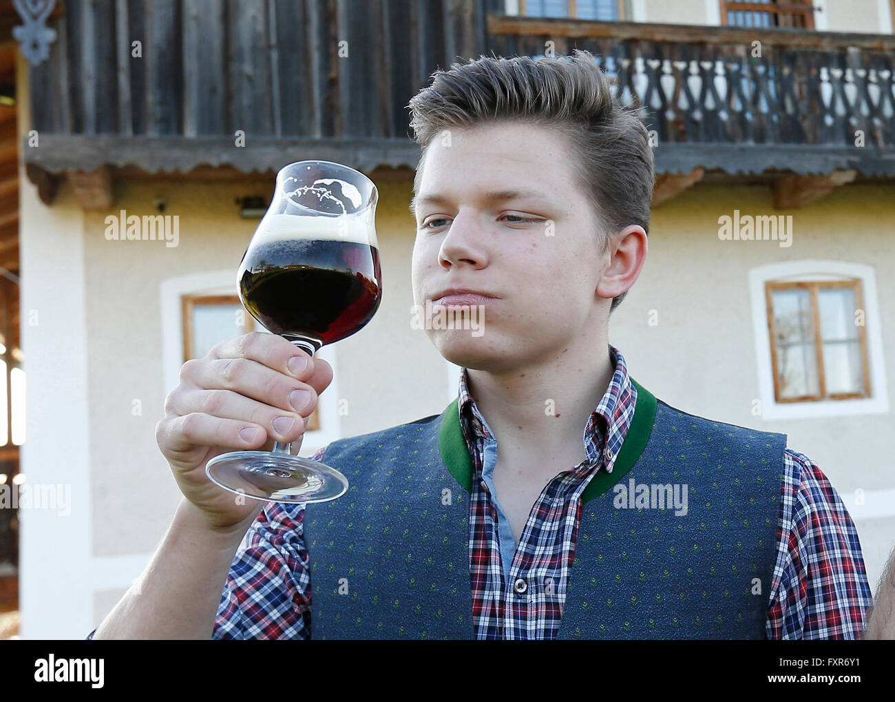 Gstadt, Germany. 12th Apr, 2016. Beer sommelier Luis Sailer savours different types of beer in Gstadt, Germany, 12 April 2016. 16-year-old student Luis Sailer is the youngest beer sommelier in the world. PHOTO: UWE LEIN/dpa/Alamy Live News Stock Photo