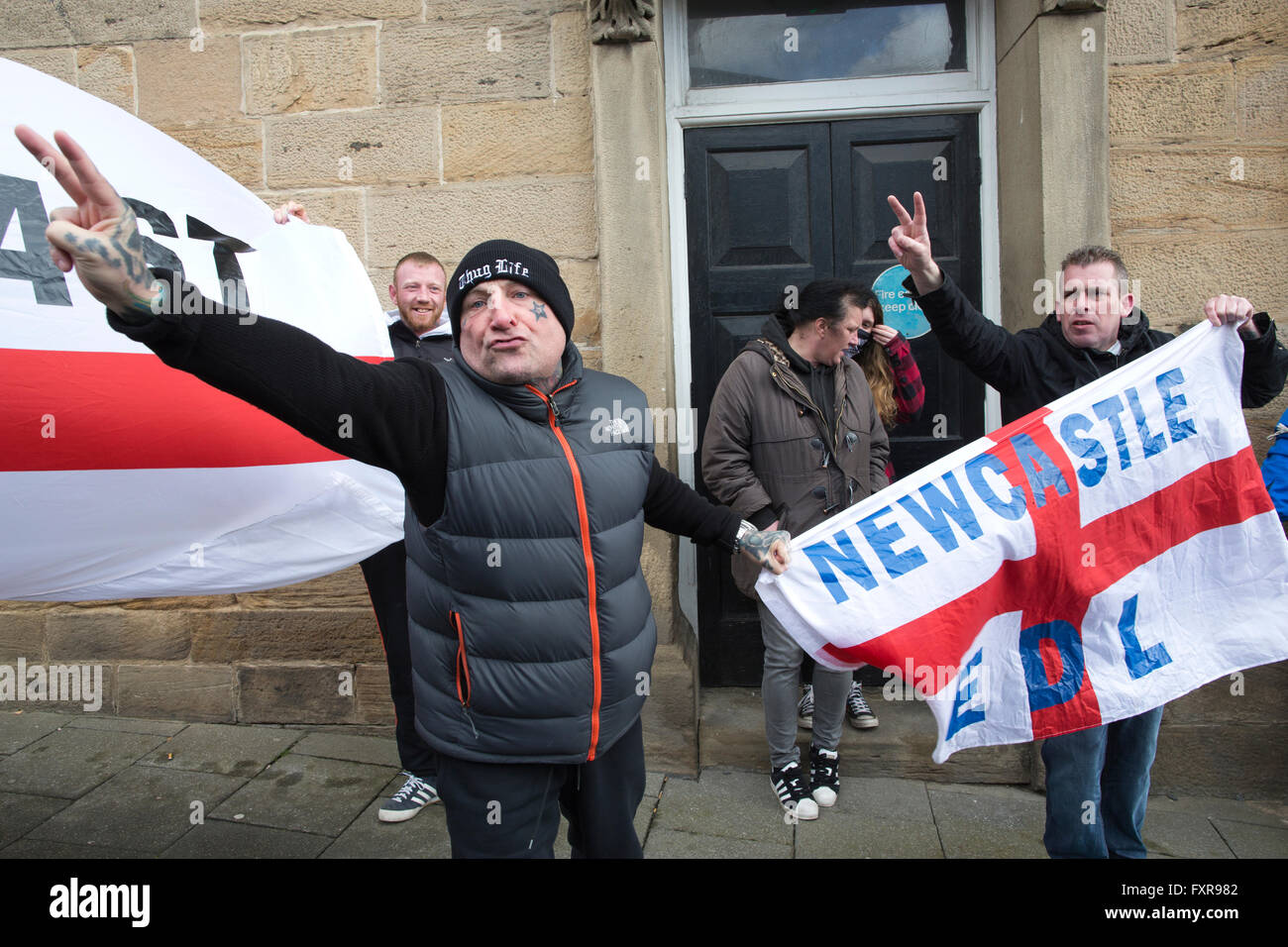 Right Wing fascists 'English Defence League' demonstrate outside the Brexit 'VOTE LEAVE' rally held by Boris Johnson MP campaigning to leave the Euro on June 23rd referendum, Newcastle-upon-Tyne, England UK Stock Photo