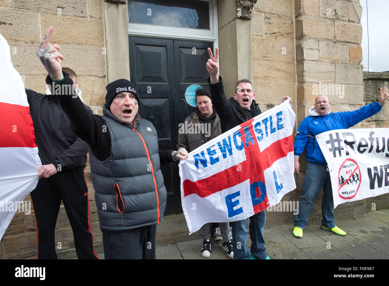 Right Wing fascists 'English Defence League' demonstrate outside the Brexit 'VOTE LEAVE' rally held by Boris Johnson MP campaigning to leave the Euro on June 23rd referendum, Newcastle-upon-Tyne, England UK Stock Photo