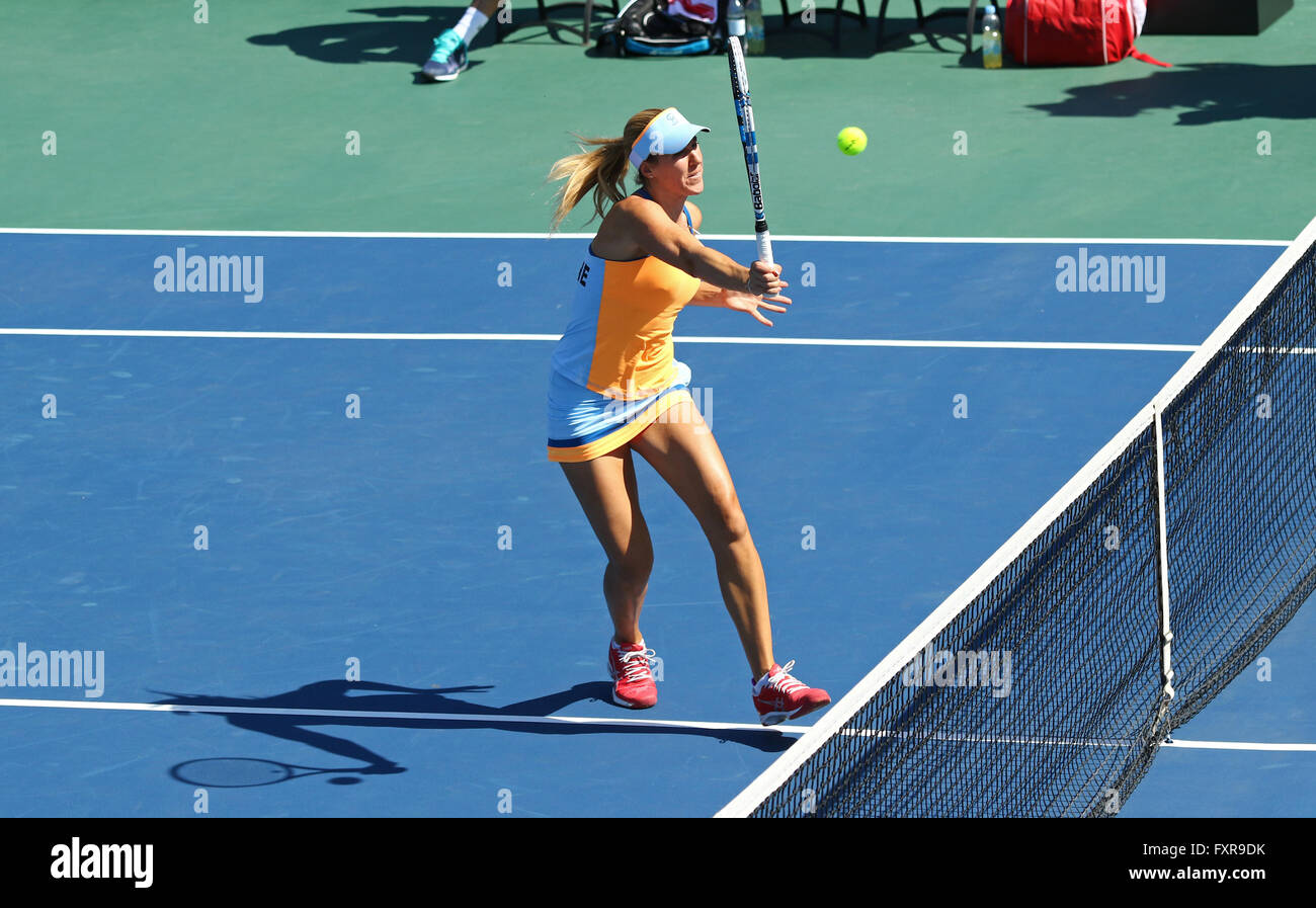 Kyiv, Ukraine. 17th April, 2016. Olga Savchuk of Ukraine in action during BNP Paribas FedCup World Group II Play-off pair game against Argentina at Campa Bucha Tennis Club in Kyiv, Ukraine. Ukraine won pair game 6-1, 6-3. Credit:  Oleksandr Prykhodko/Alamy Live News Stock Photo