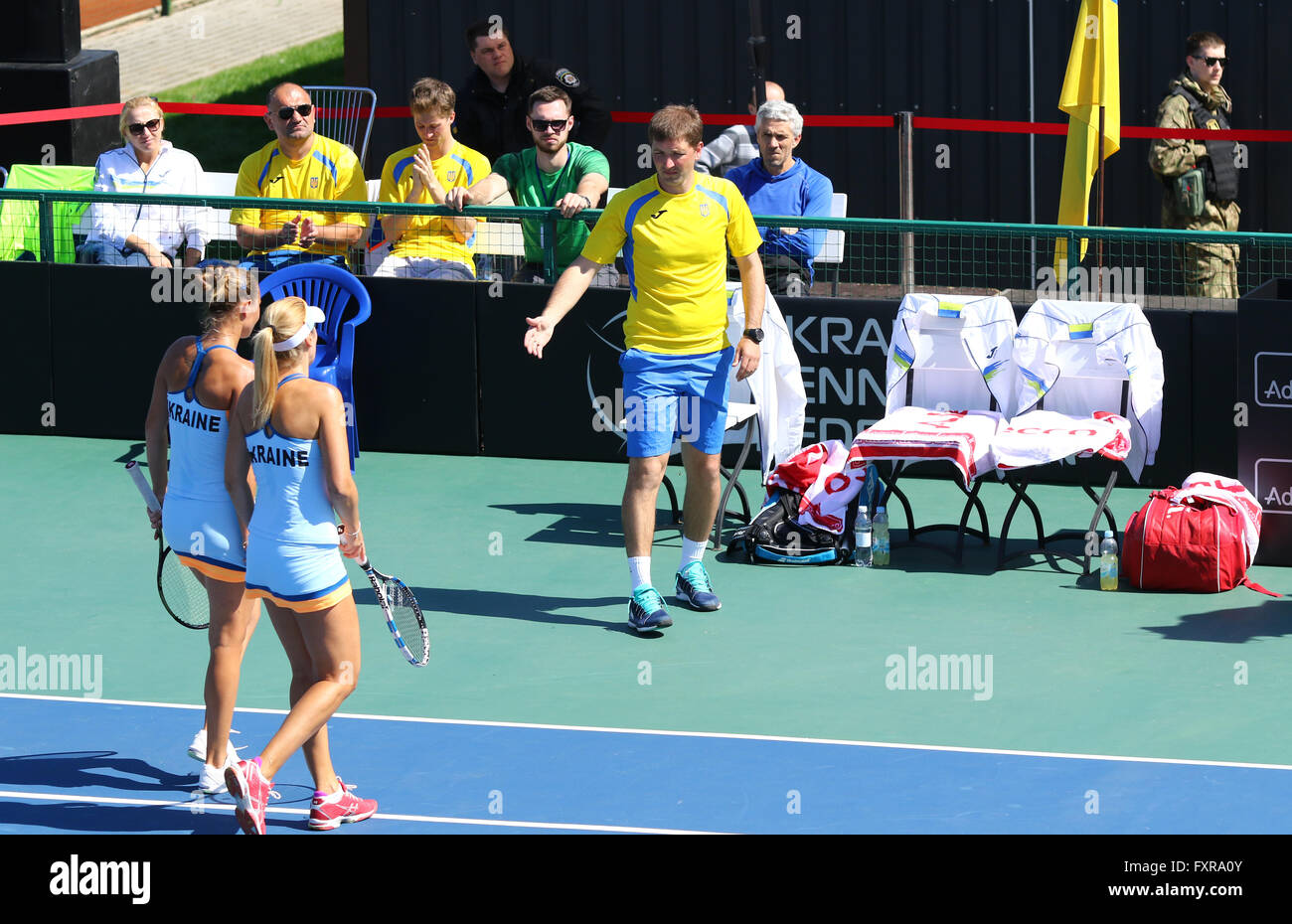 Kyiv, Ukraine. 17th April, 2016. Captain of Ukraine National Team Mikhail Filima (R) and players Kateryna Bondarenko and Olga Savchuk during BNP Paribas FedCup pair game Ukraine vs Argentina at Campa Bucha Tennis Club in Kyiv, Ukraine. Credit:  Oleksandr Prykhodko/Alamy Live News Stock Photo